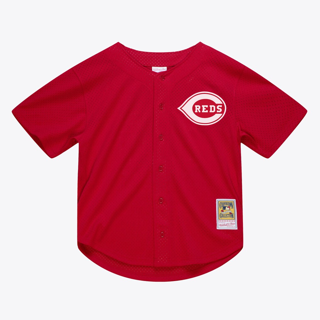 Cincinnati Reds Deion Sanders Mitchell Ness Red Stitched Cooperstown Mesh Batting Practice Button Up Jersey