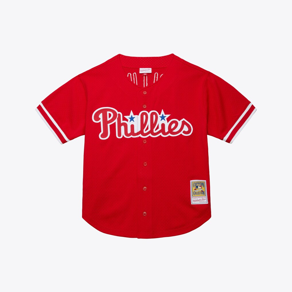 Philadelphia Phillies Jimmy Rollins Mitchell Ness Red Stitched Cooperstown Mesh Button Up Jersey