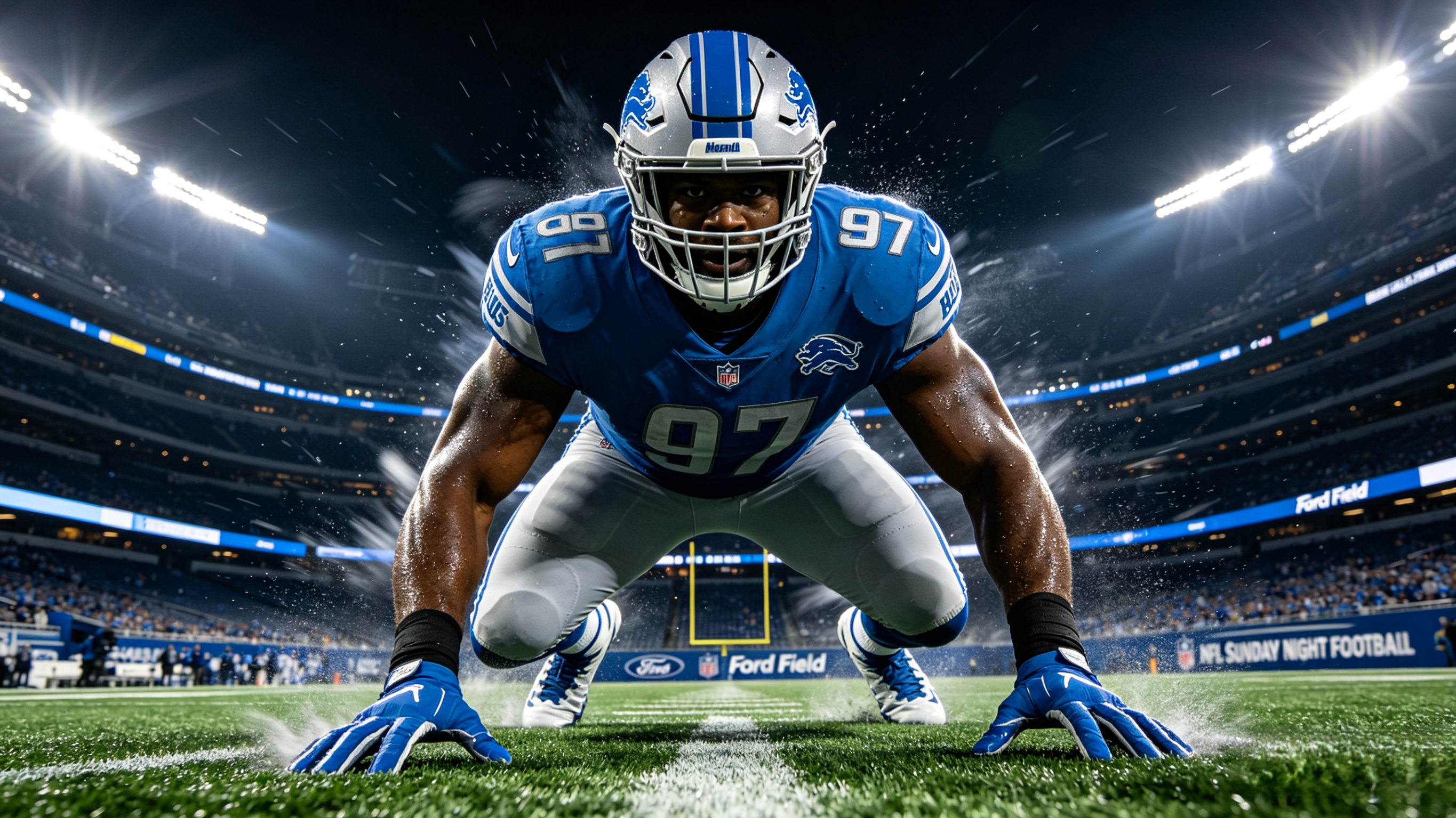 Aidan Hutchinson #97 Detroit Lions jersey in action at a stadium