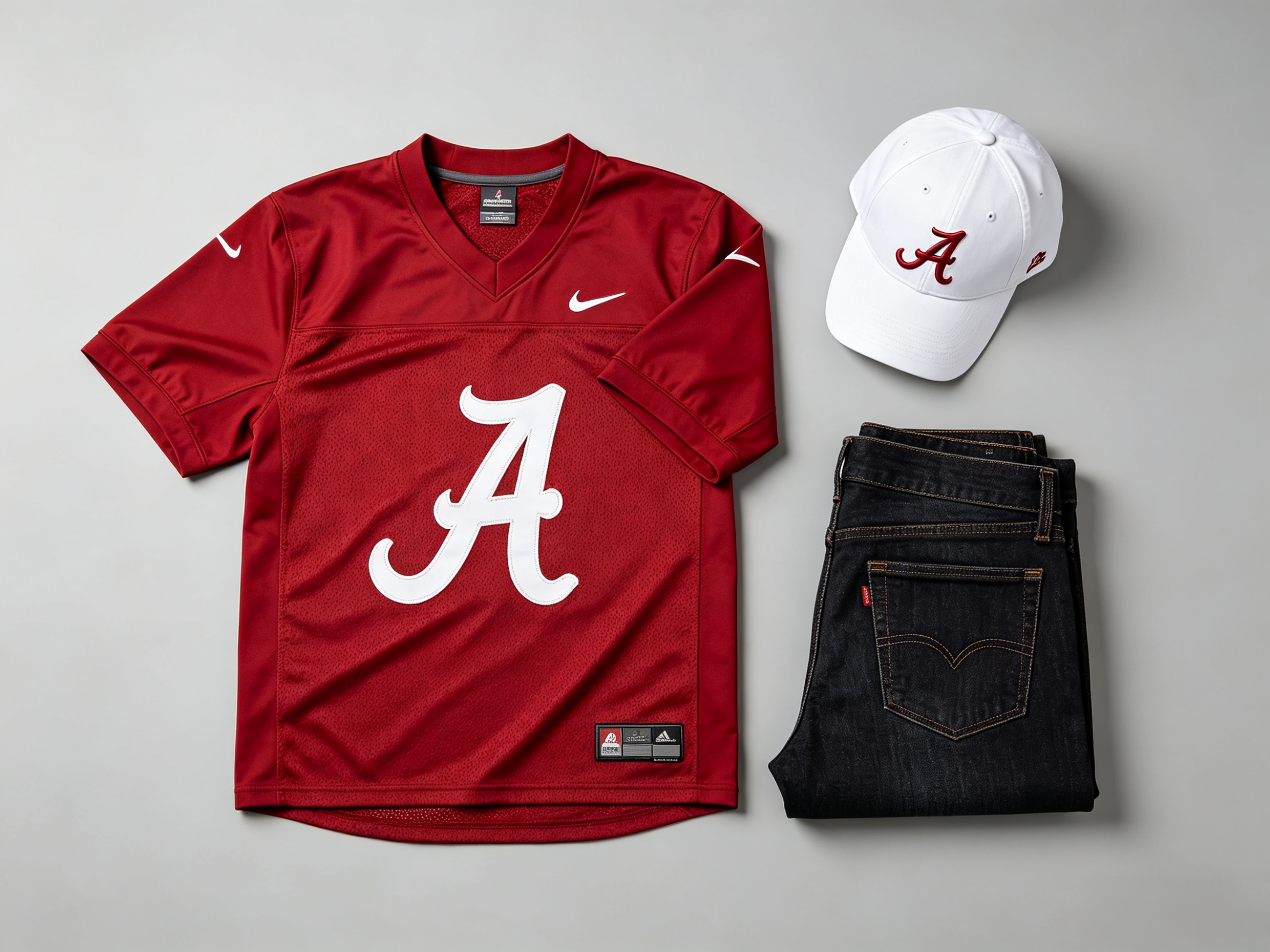 Complete Alabama Crimson Tide fan gear set with stitched jersey