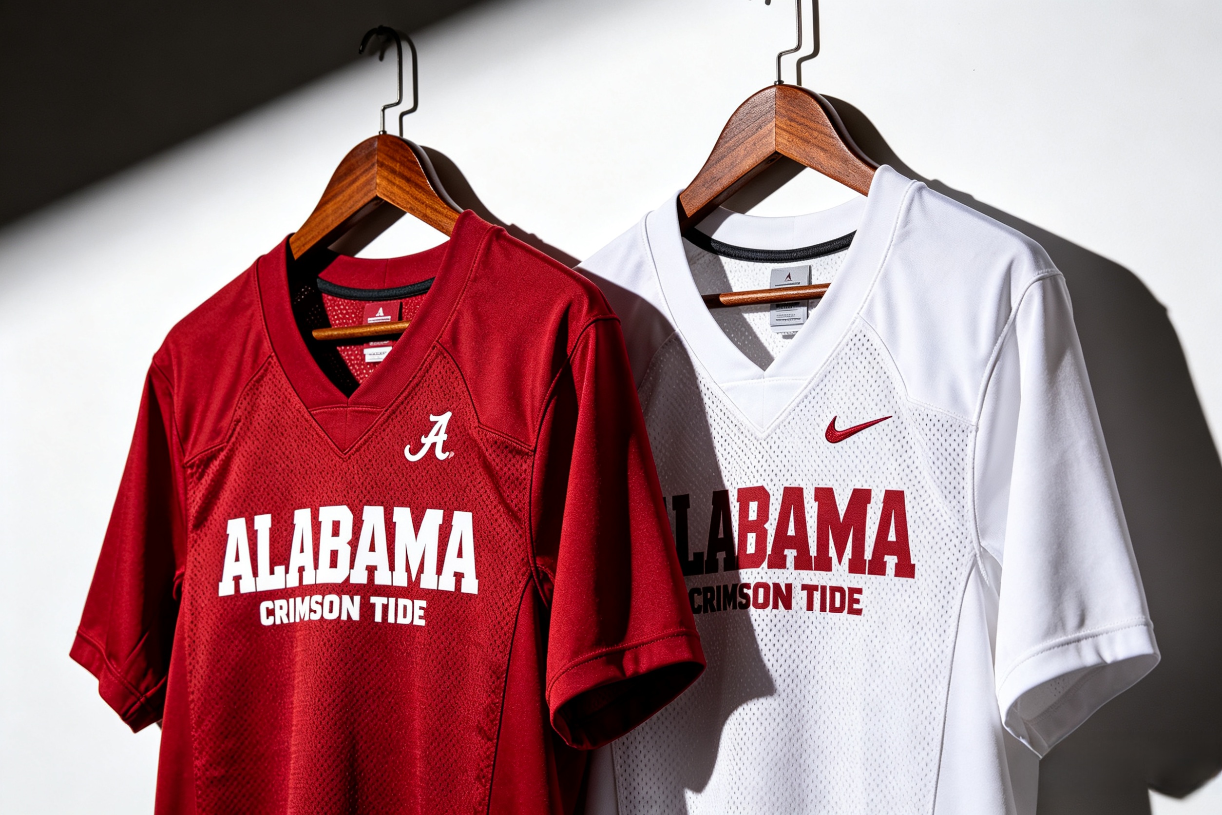 Home and away Alabama football jerseys in crimson and white