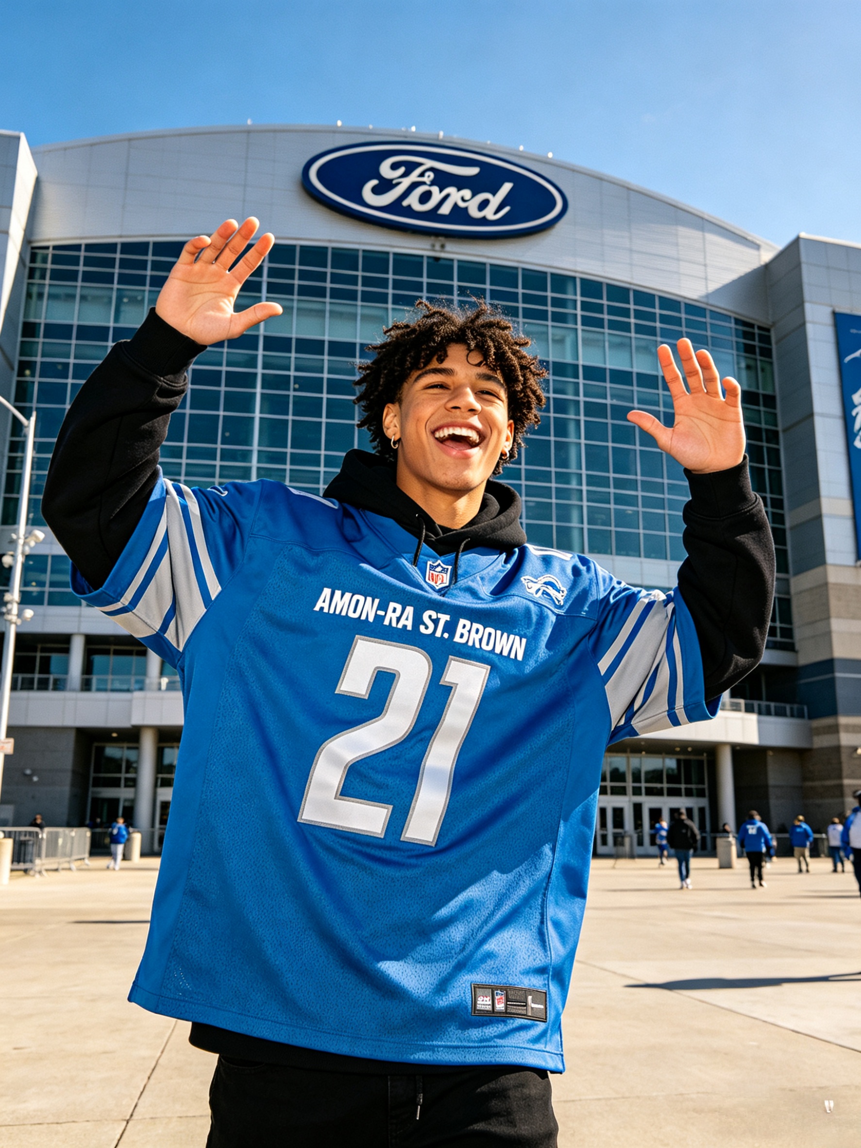 A happy fan wearing an Amon-Ra St. Brown jersey in Detroit.