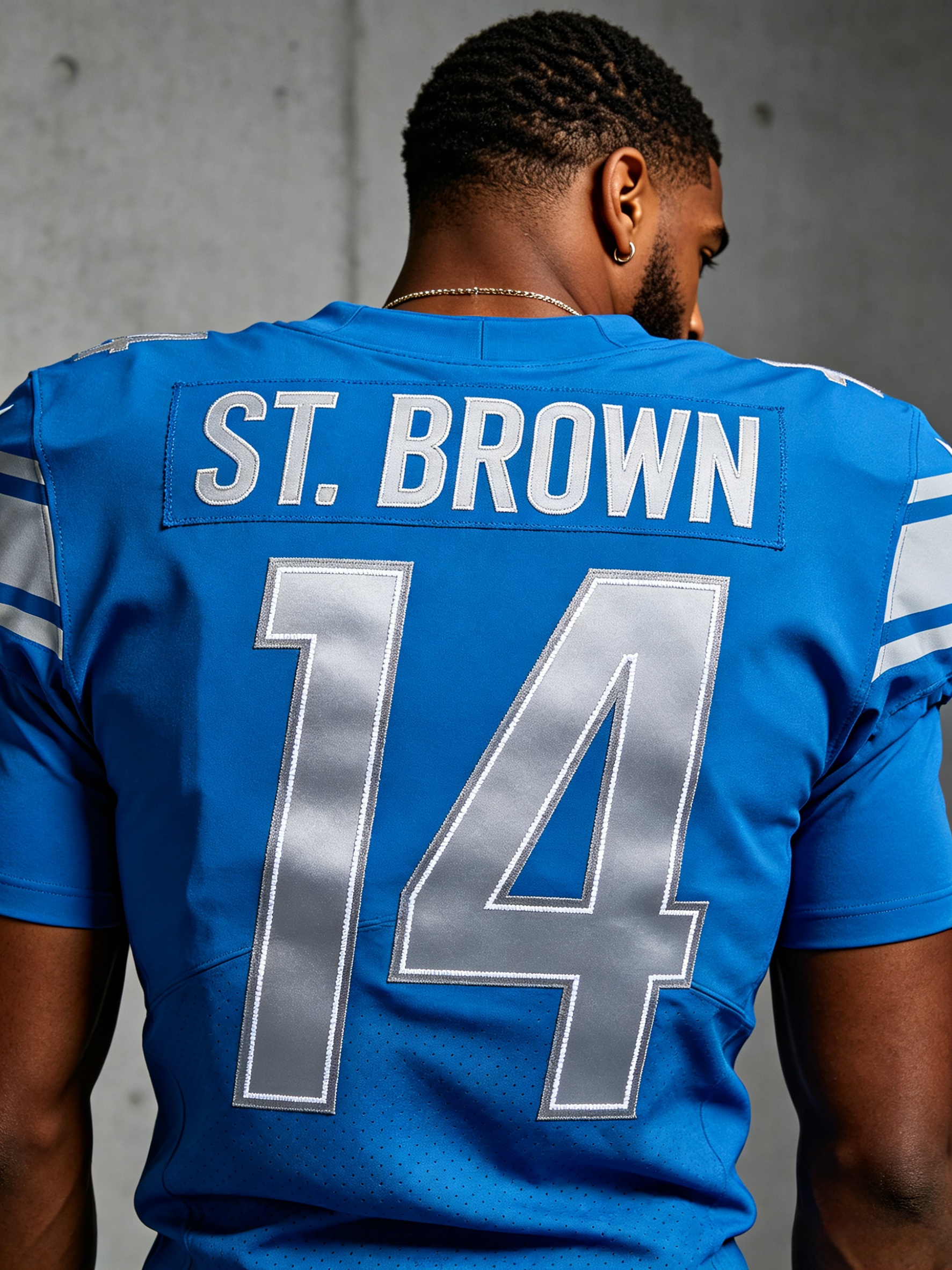 Stitched Honolulu Blue Amon-Ra St. Brown Detroit Lions jersey front and back view.