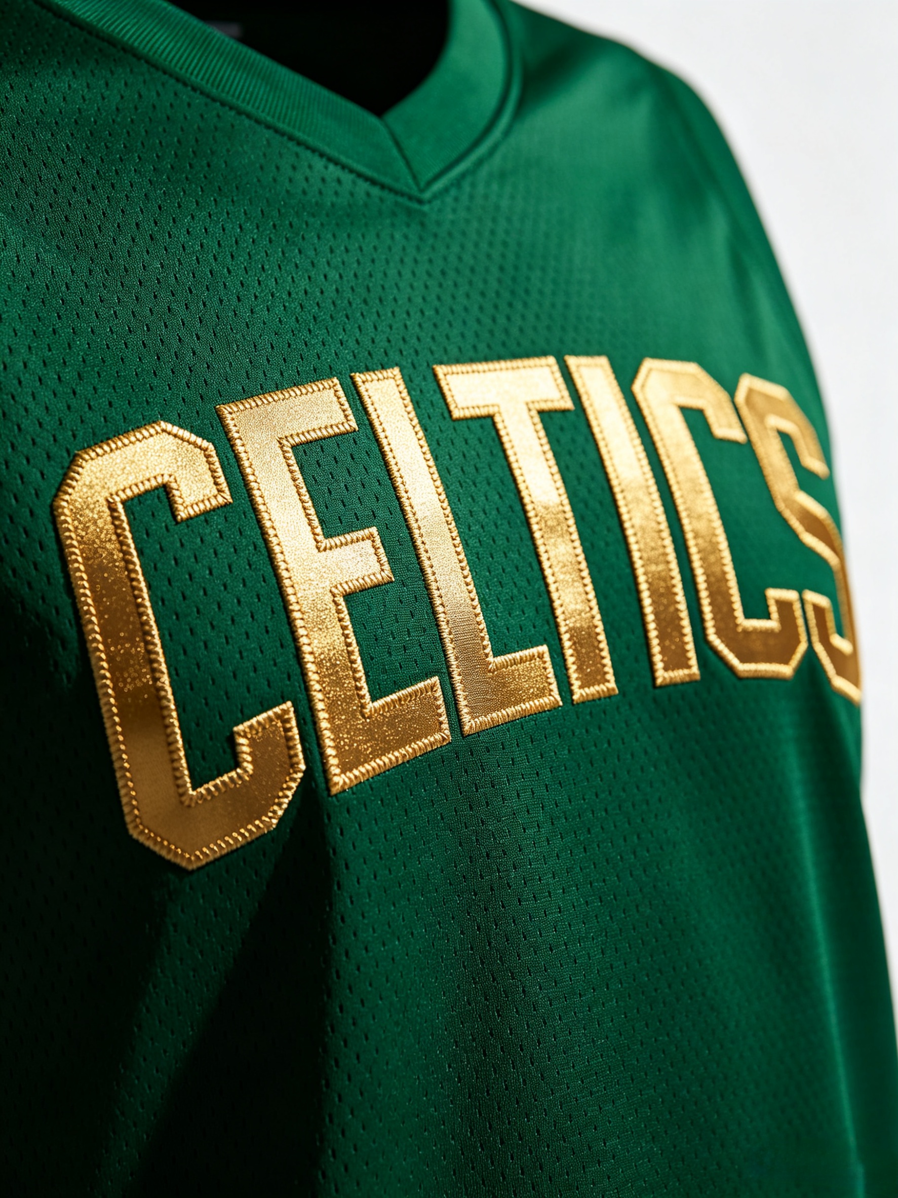 Close-up of gold stitched embroidery on a Boston Celtics City Edition jersey