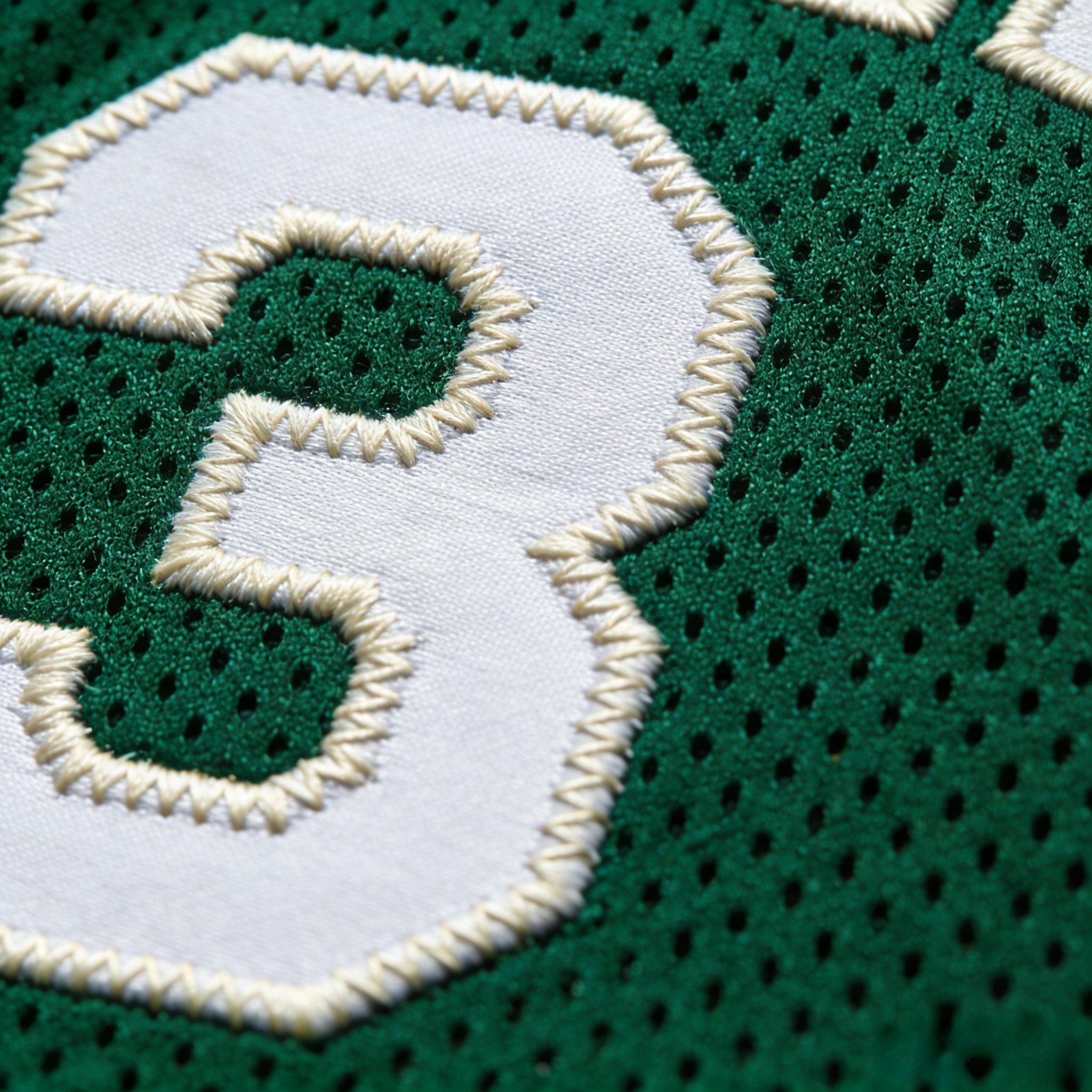 Macro close up of stitched tackle twill numbers on a Giannis jersey.