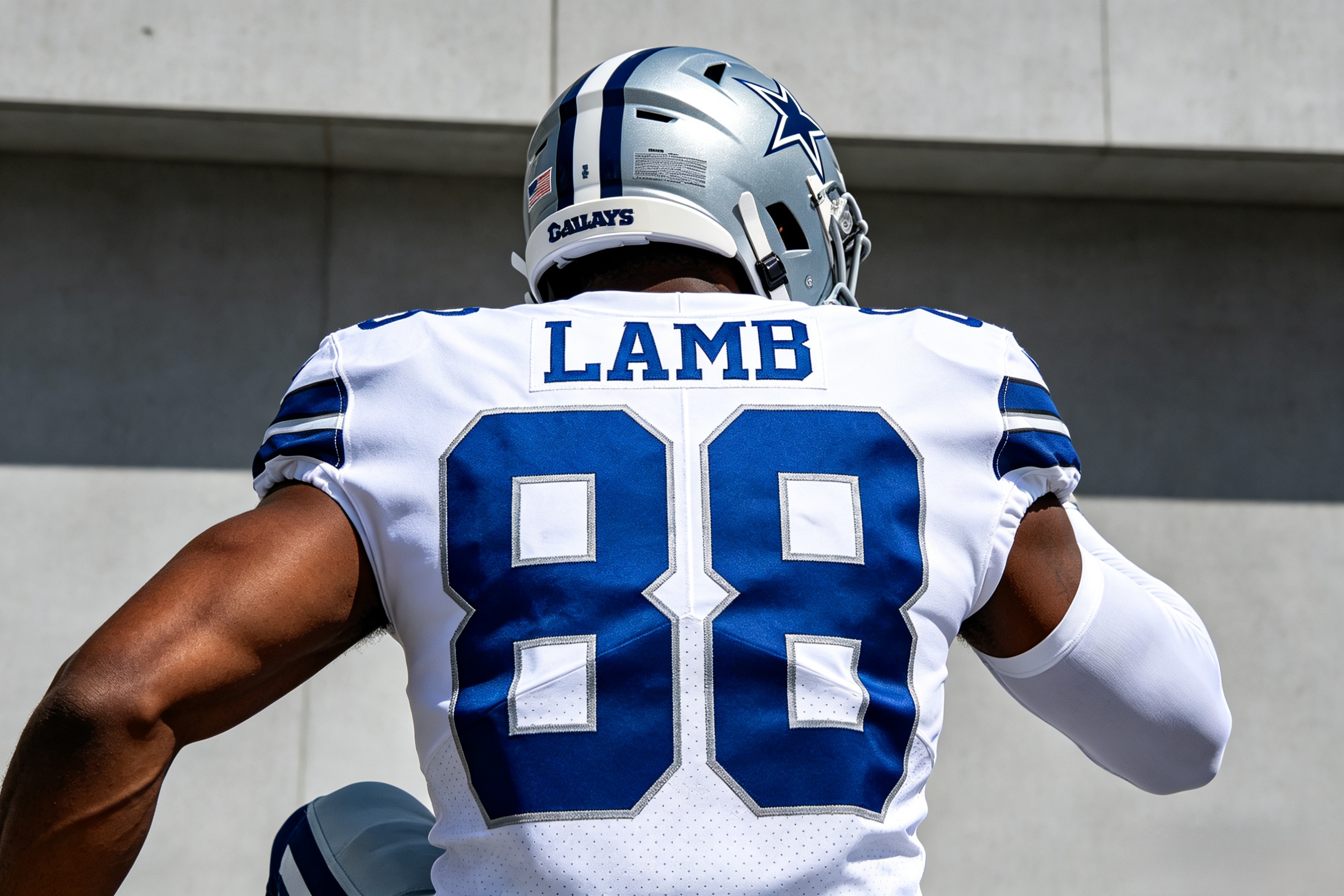 Stitched white CeeDee Lamb Dallas Cowboys home jersey front and back view.