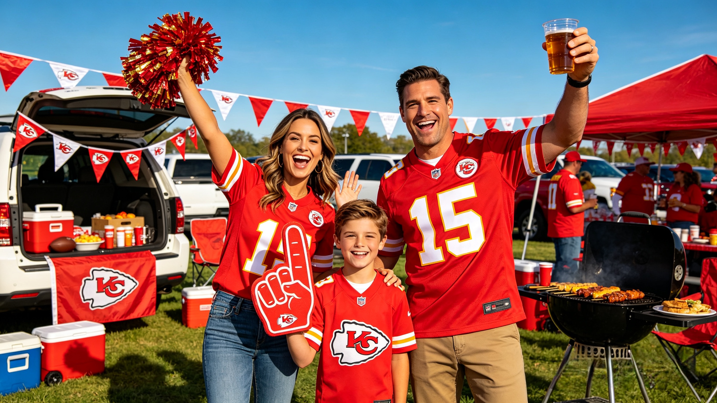 Family wearing matching Chiefs jerseys at an outdoor tailgate