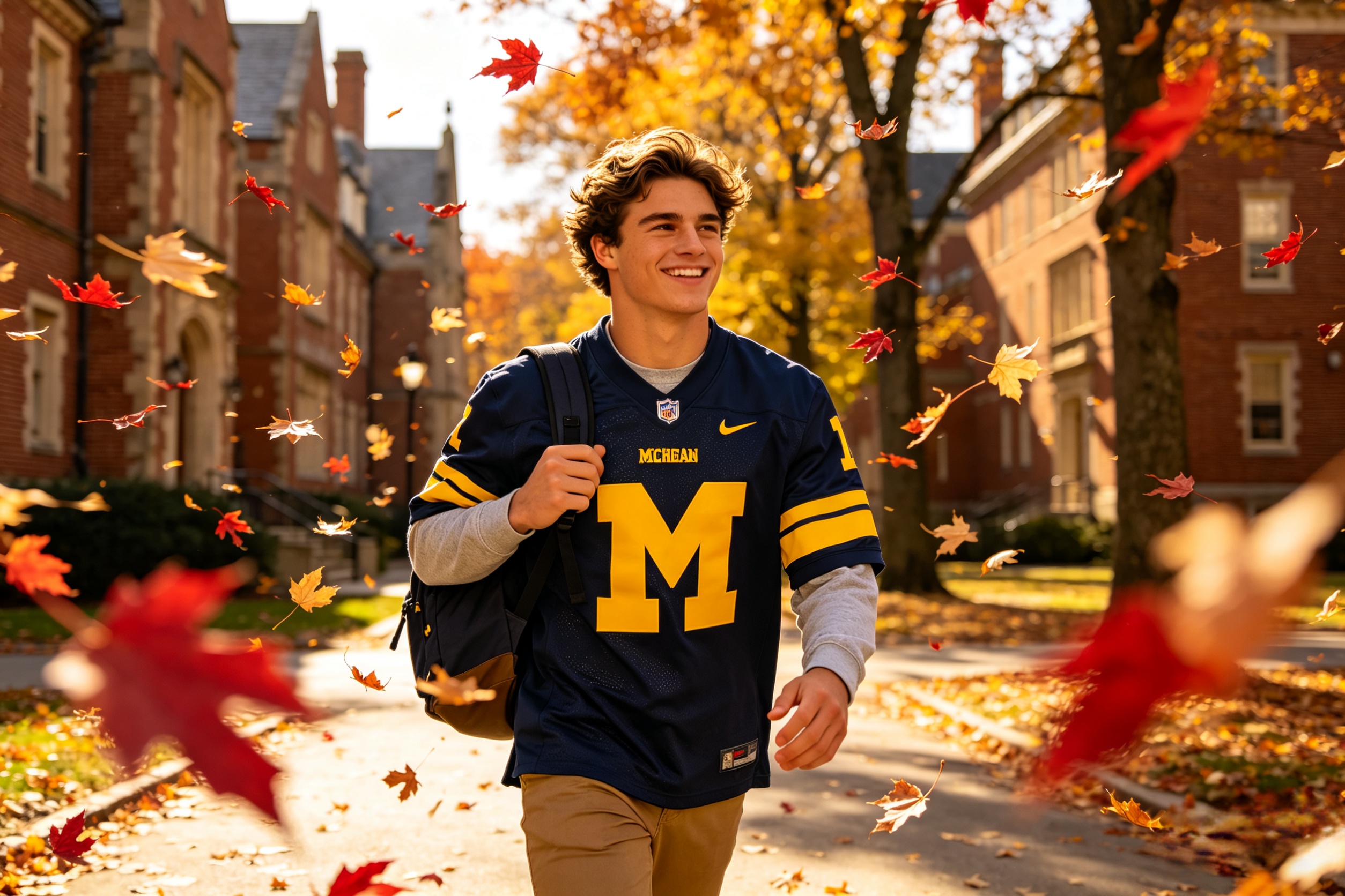 Student wearing a classic Michigan Wolverines jersey on an autumn campus