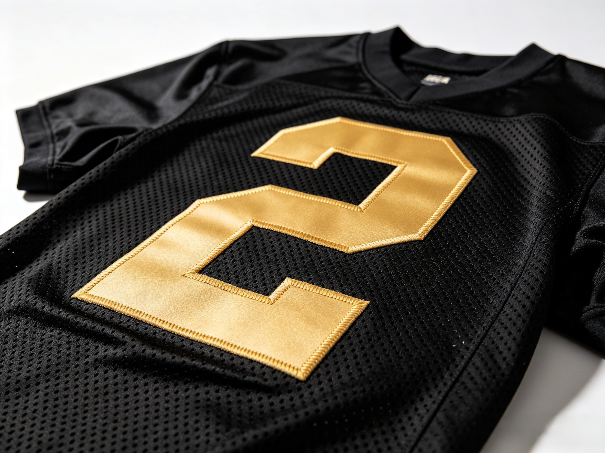 Detailed view of gold stitching on a Shedeur Sanders jersey