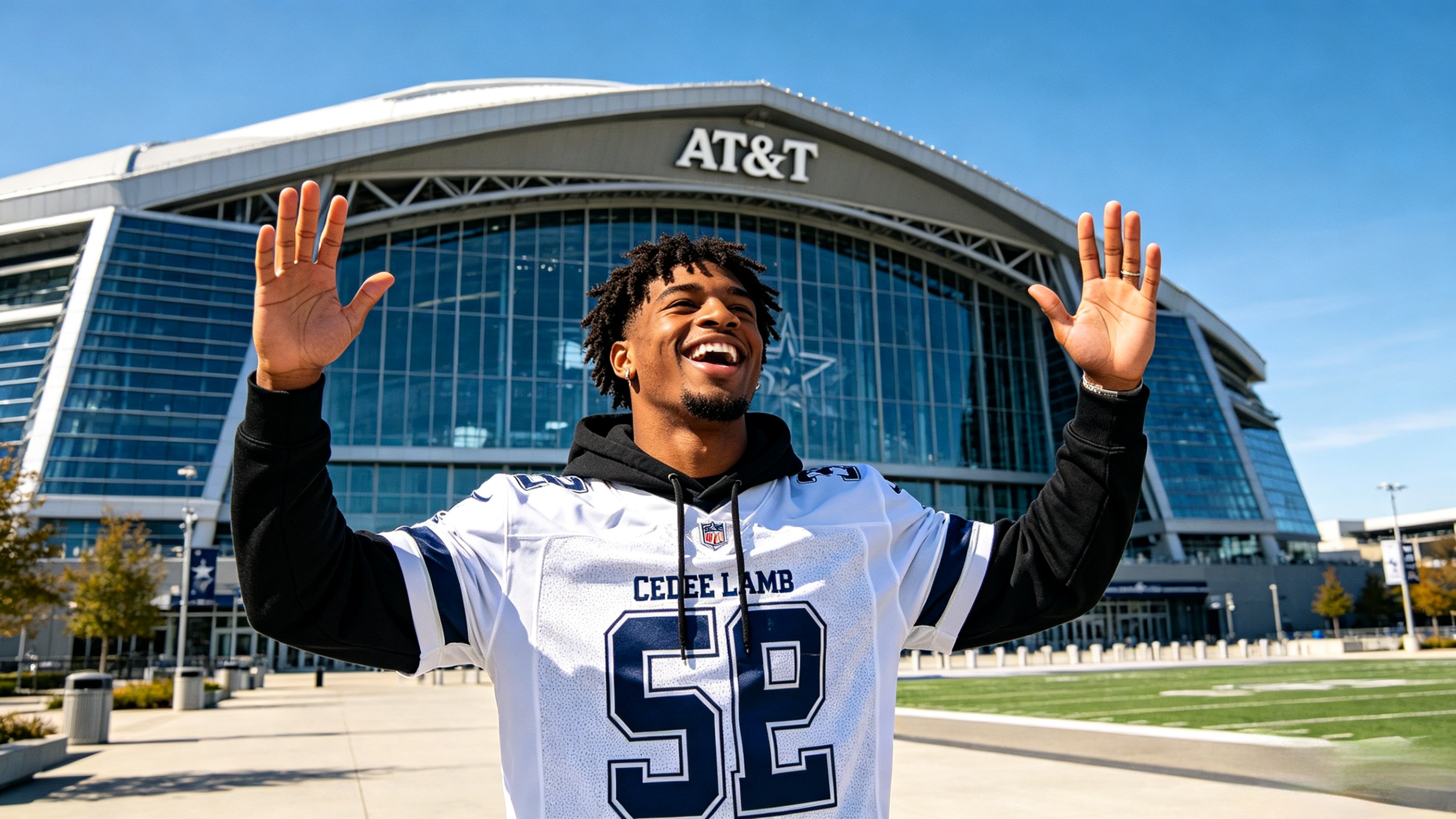 A happy fan wearing a CeeDee Lamb jersey in Arlington.