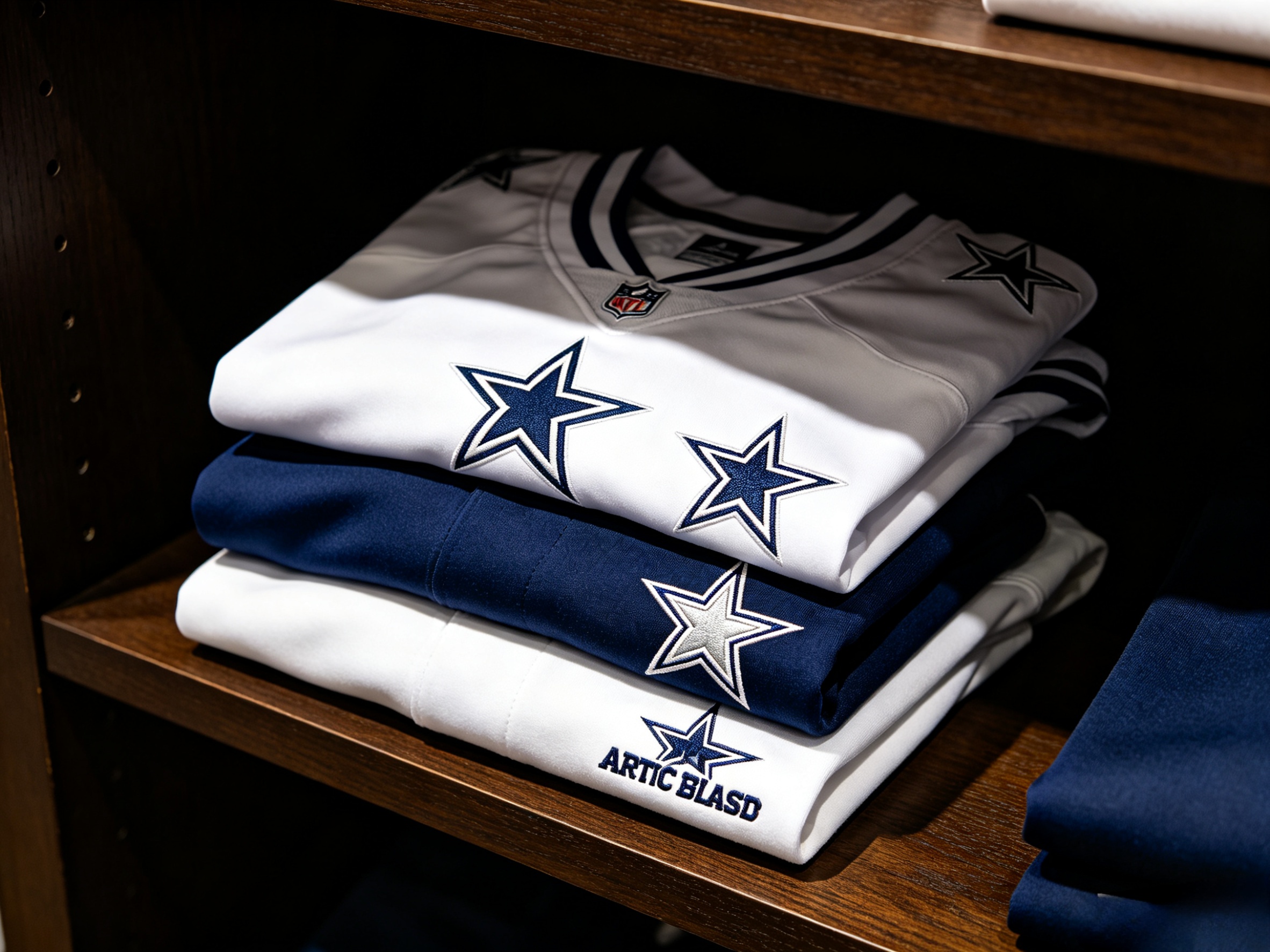 A stack of folded Dallas Cowboys jerseys in various colors.