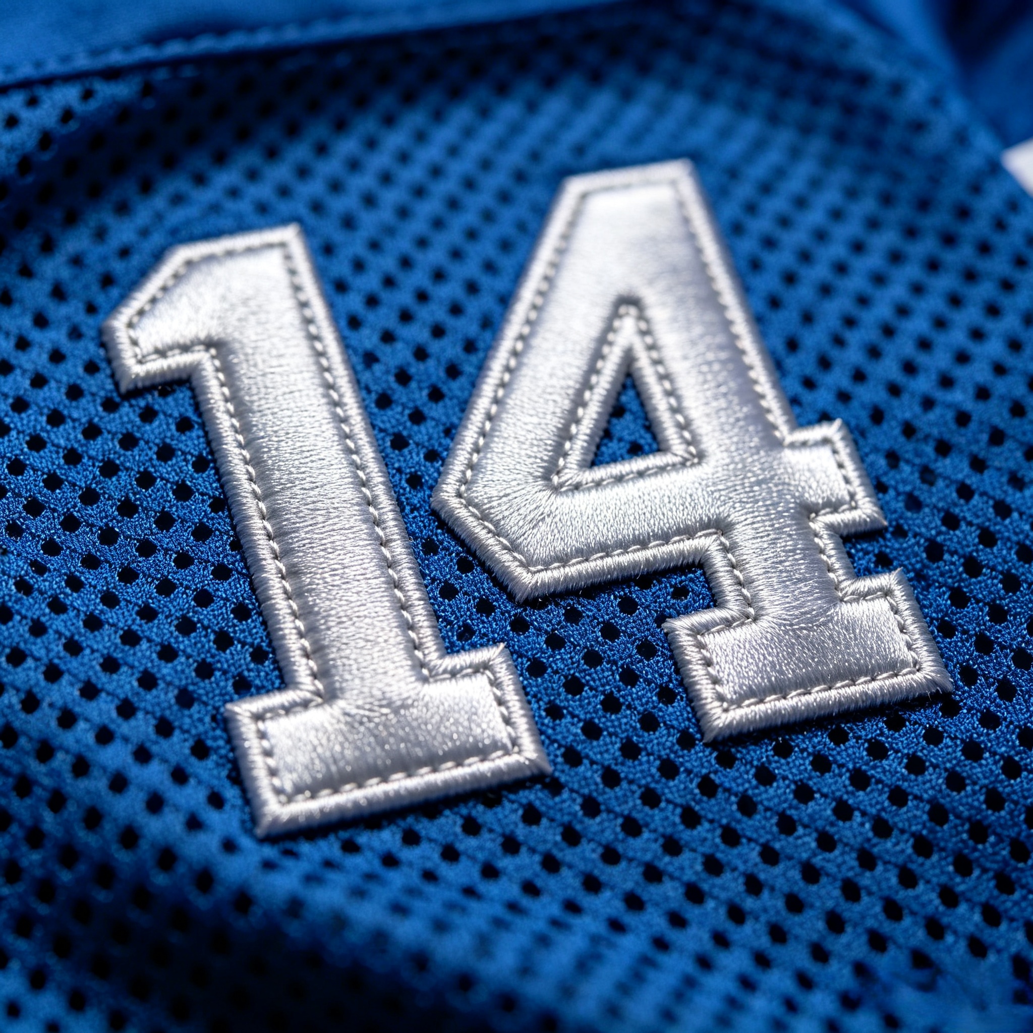 Macro close up of stitched tackle twill on an Amon-Ra St. Brown jersey