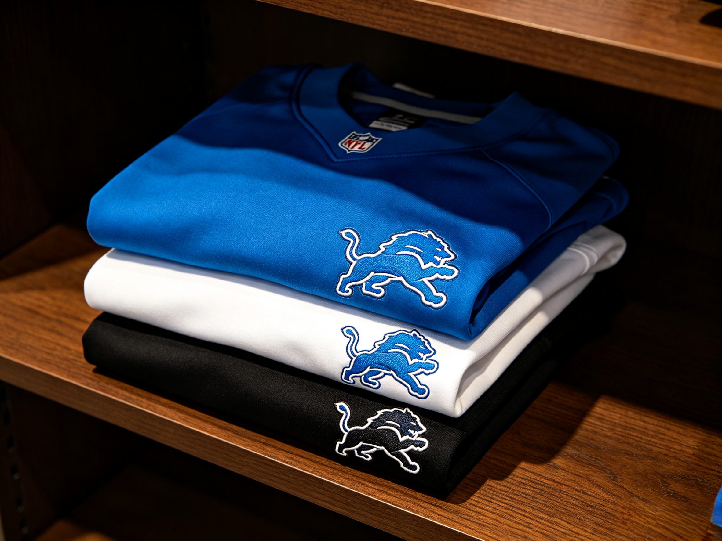 A stack of folded Detroit Lions jerseys in various colors.
