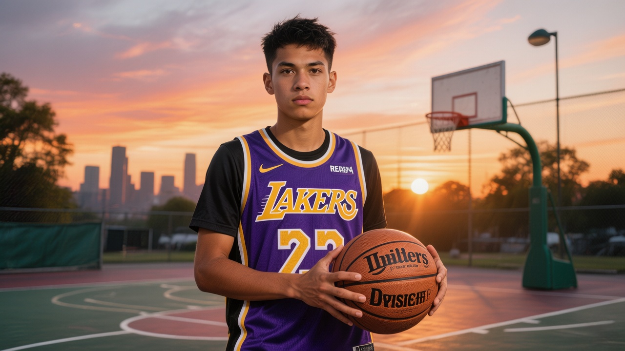 Fan repping a Kobe Bryant jersey on an urban basketball court