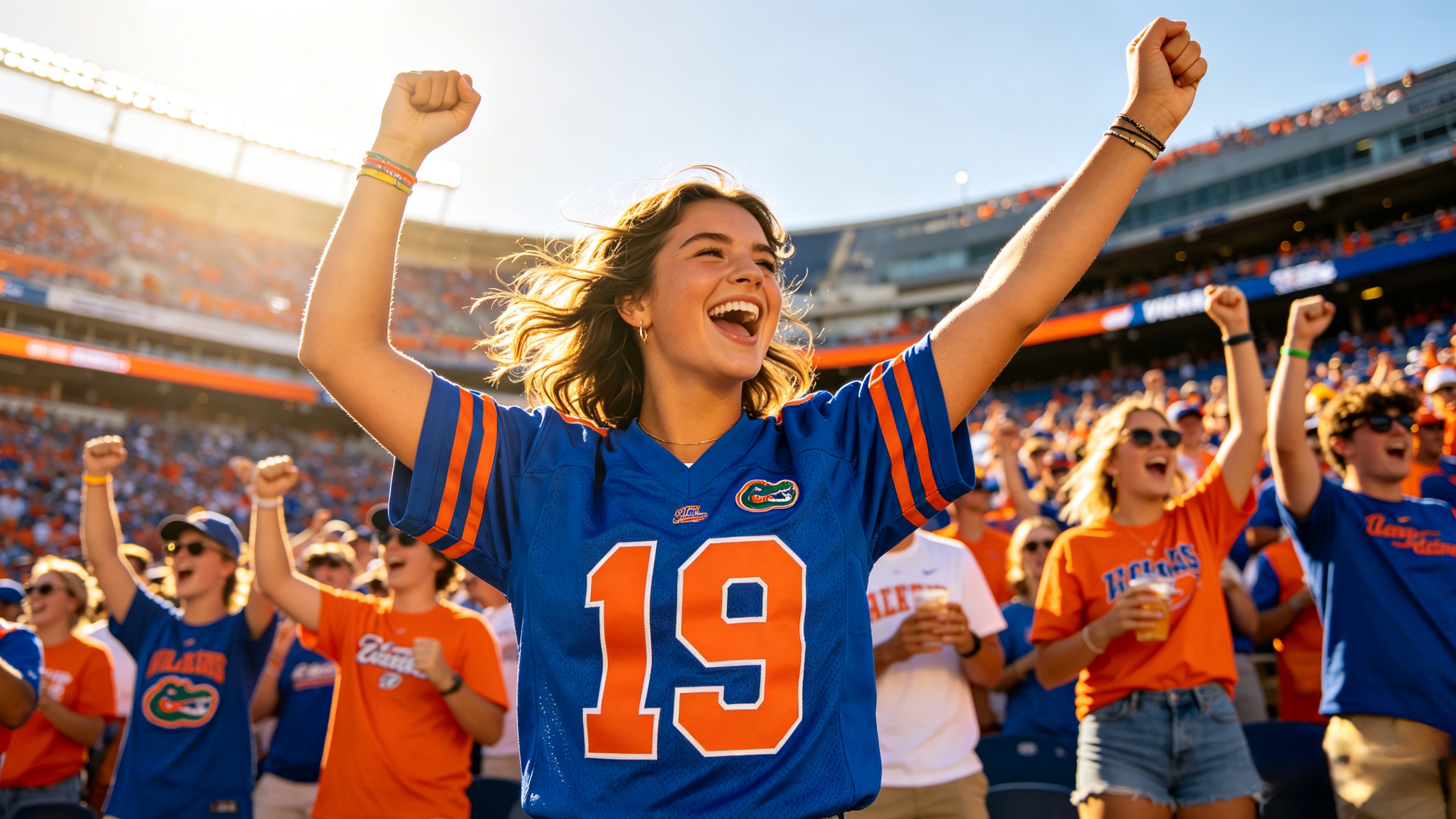 Student wearing a blue Florida Gators jersey at a stadium game
