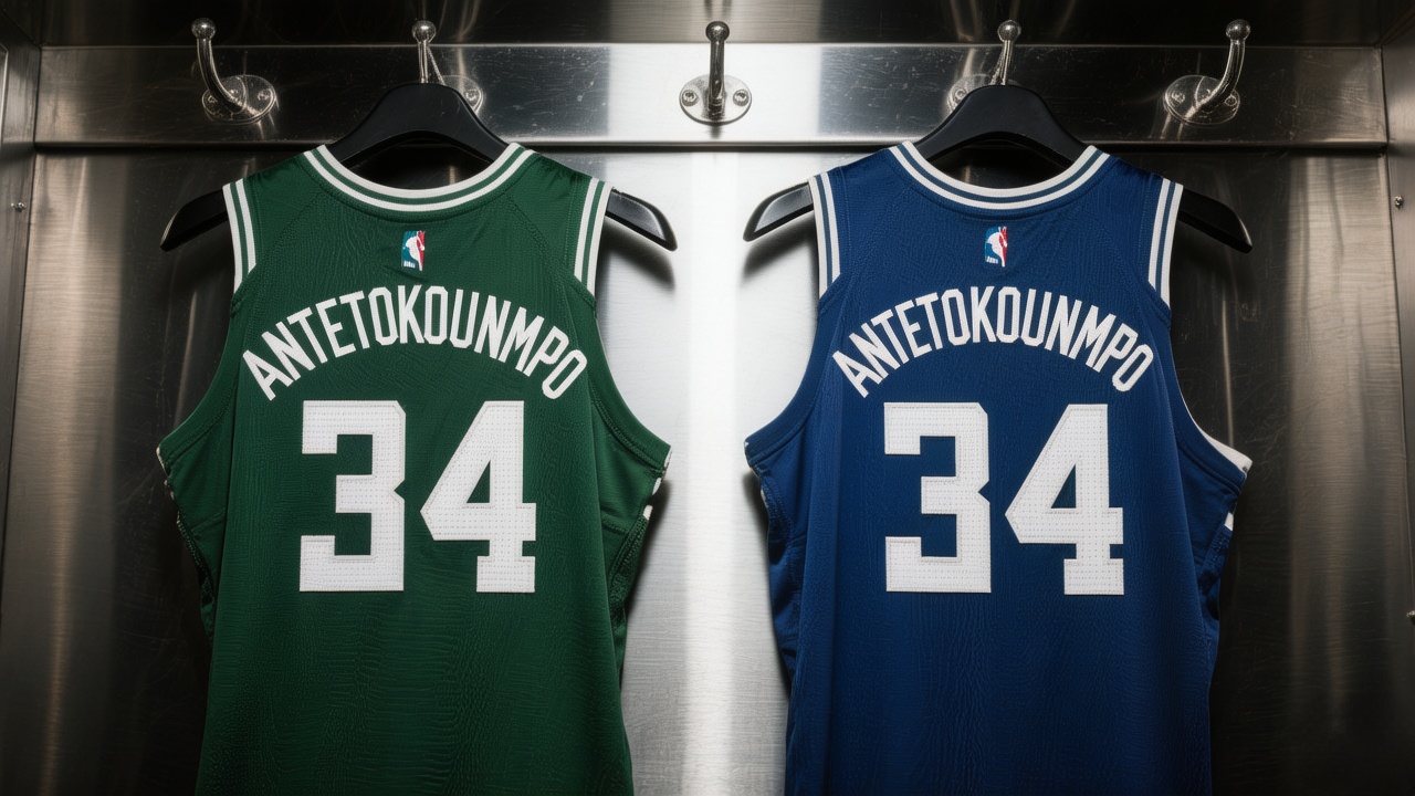 Comparison of Giannis Antetokounmpo green and blue Milwaukee Bucks jerseys