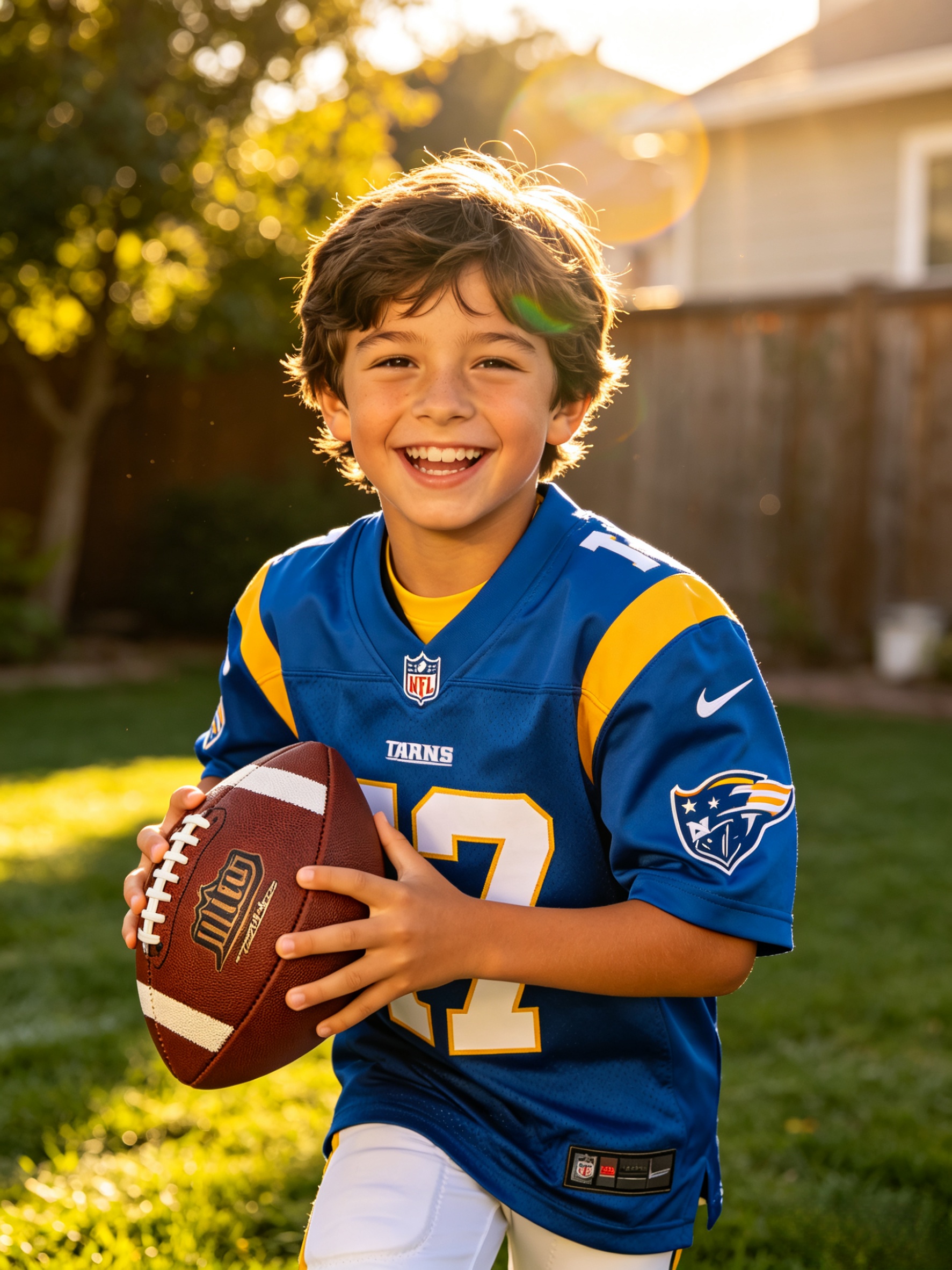 A young boy smiling while wearing a high-quality youth NFL jersey