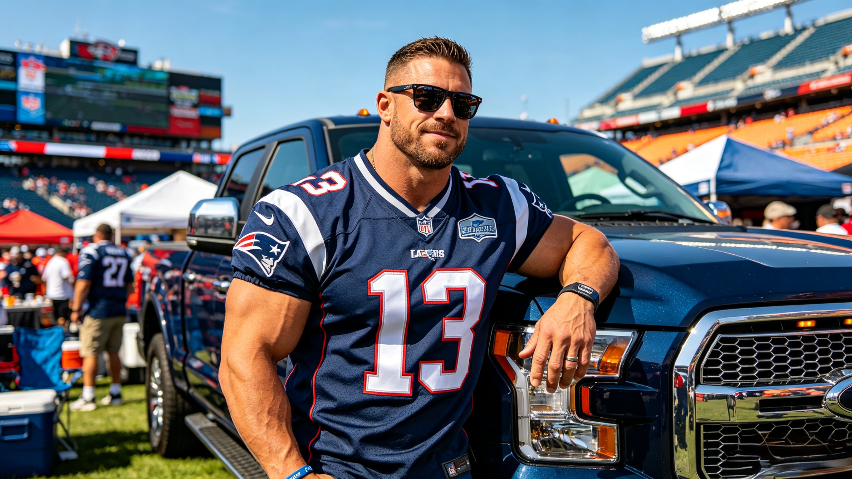 Fan wearing a heavy duty stitched NFL jersey at a tailgate party