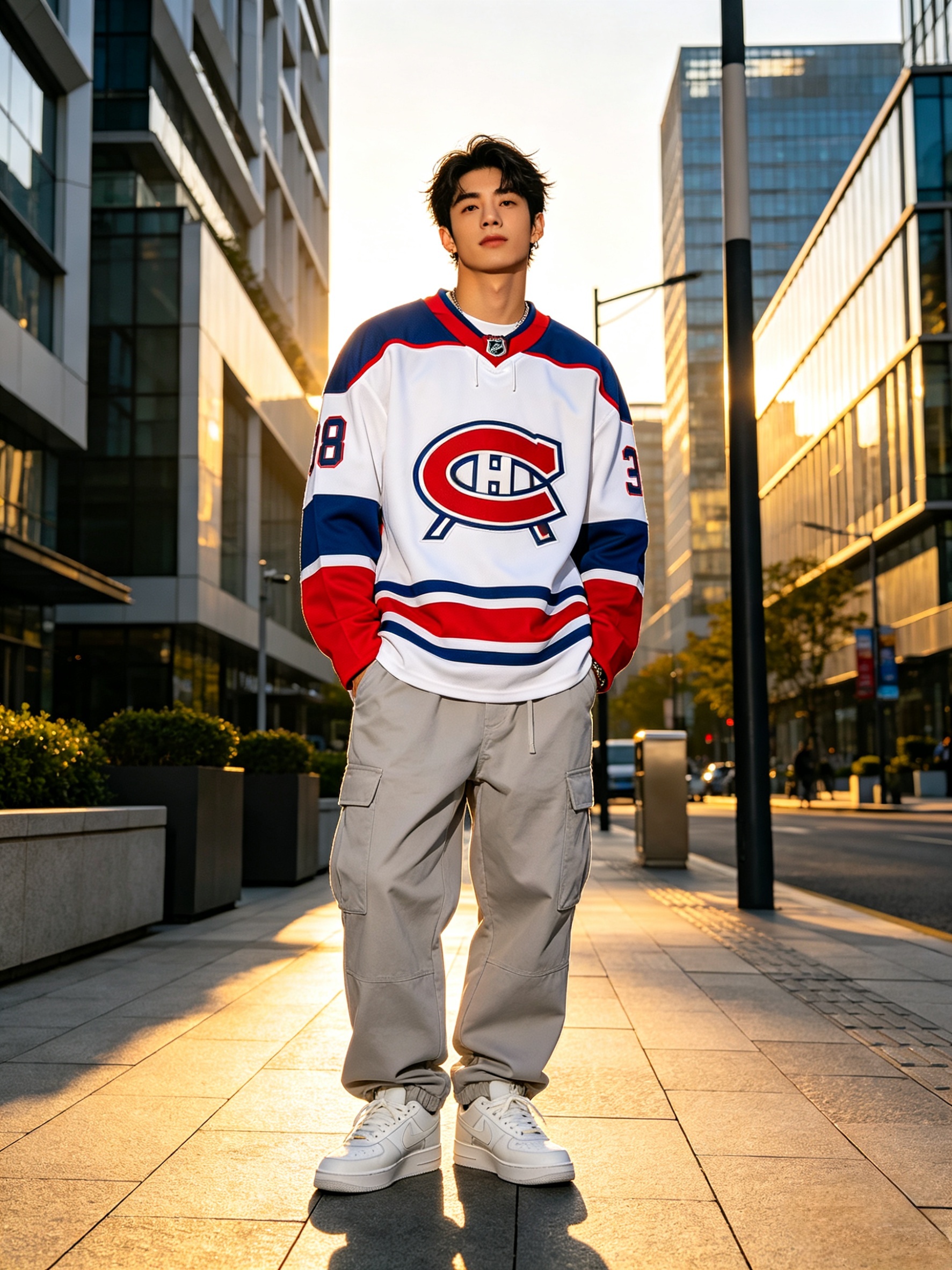 How to Style a Hockey Jersey: 5 Best Streetwear Outfits 2 Fashionable man wearing an oversized hockey jersey in a city setting
