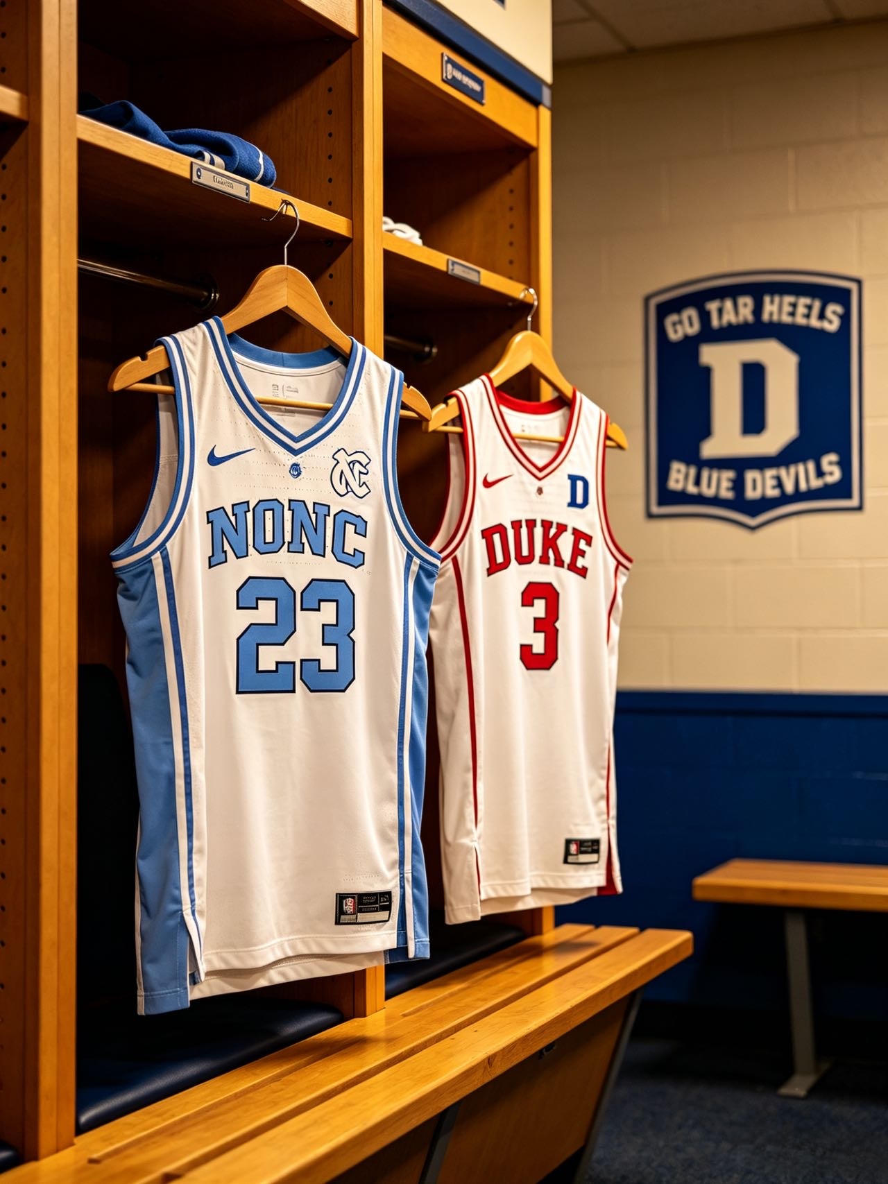 Iconic UNC and Duke college basketball jerseys hanging in a locker room