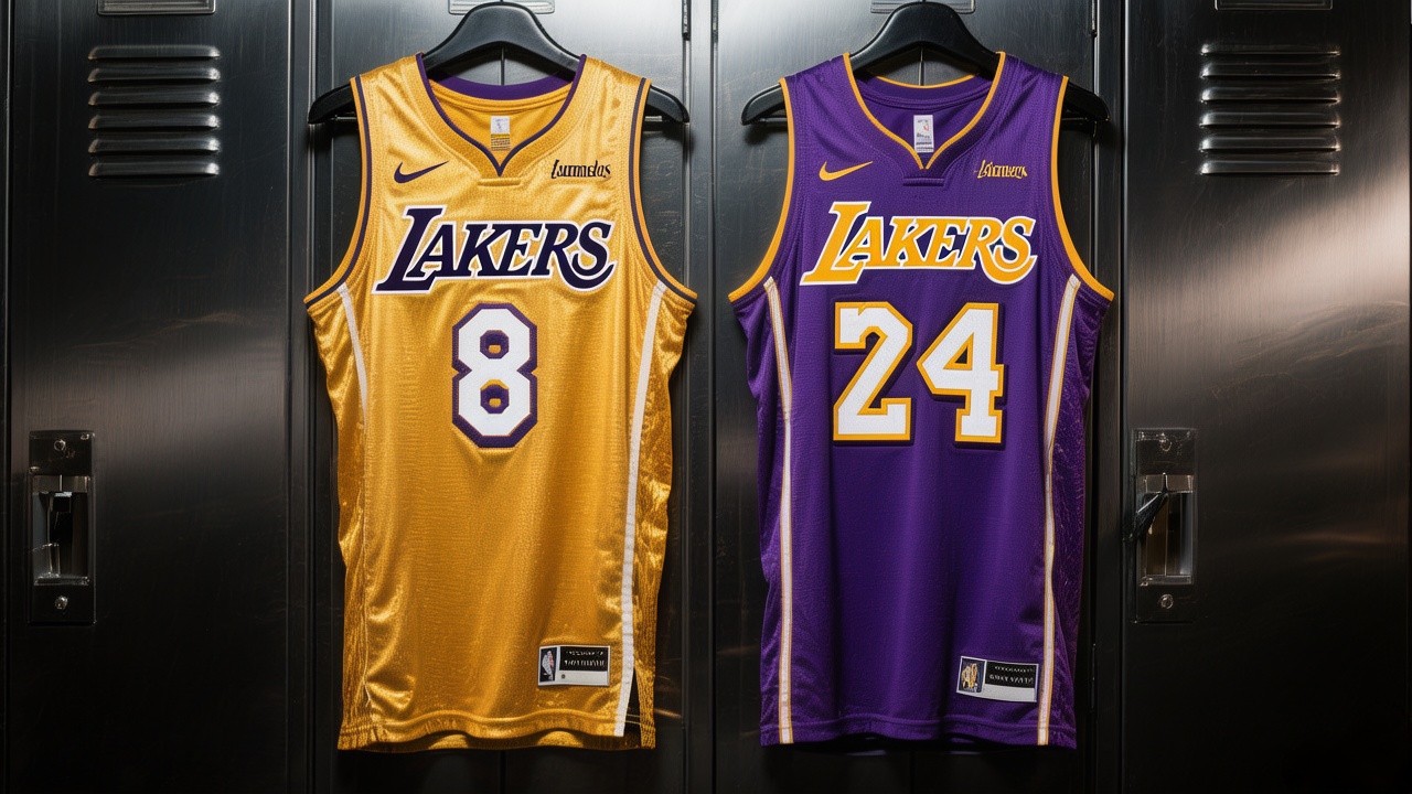 Side-by-side comparison of Kobe Bryant #8 and #24 Lakers jerseys