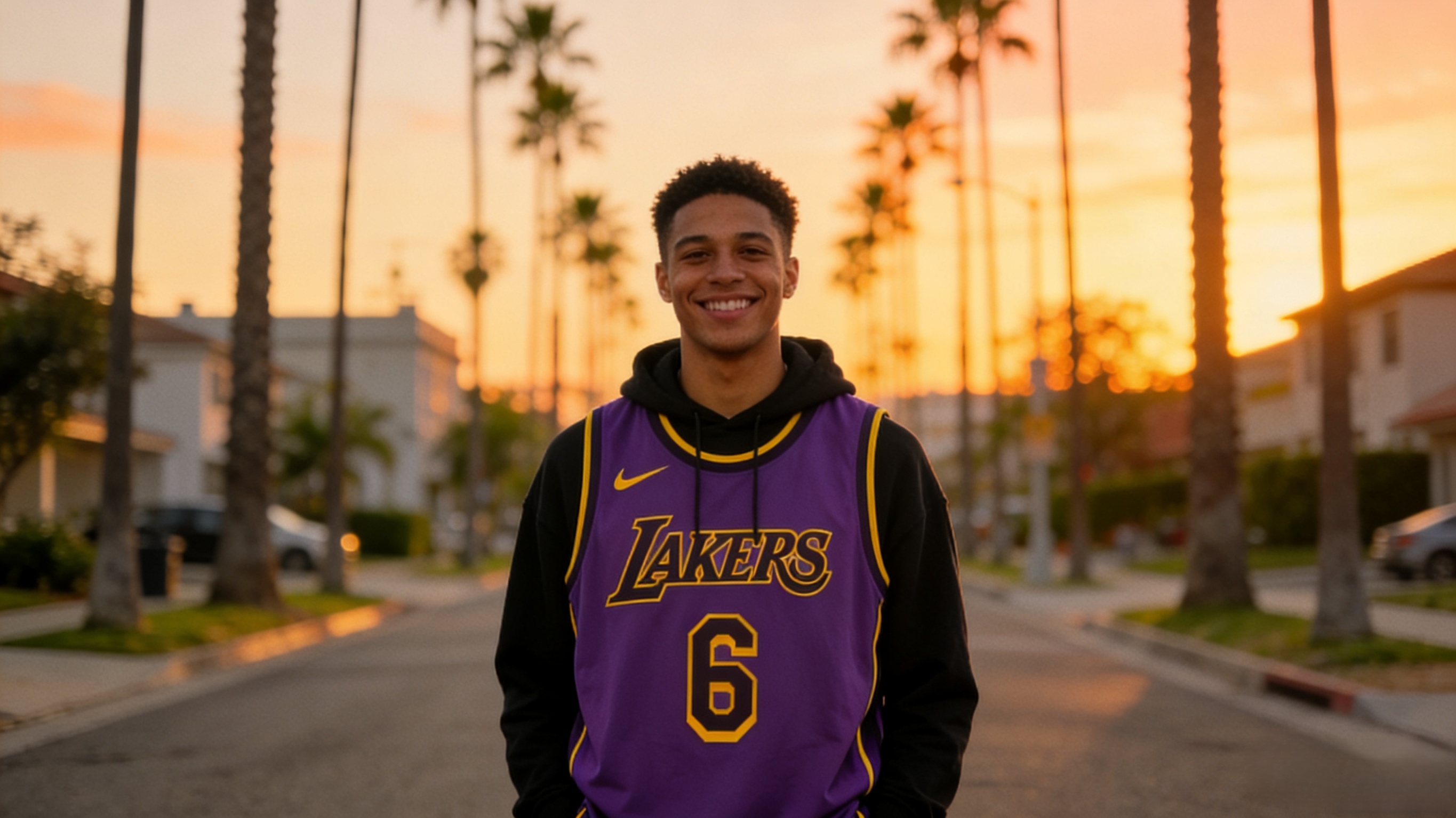 A happy fan wearing a LeBron James jersey in Los Angeles