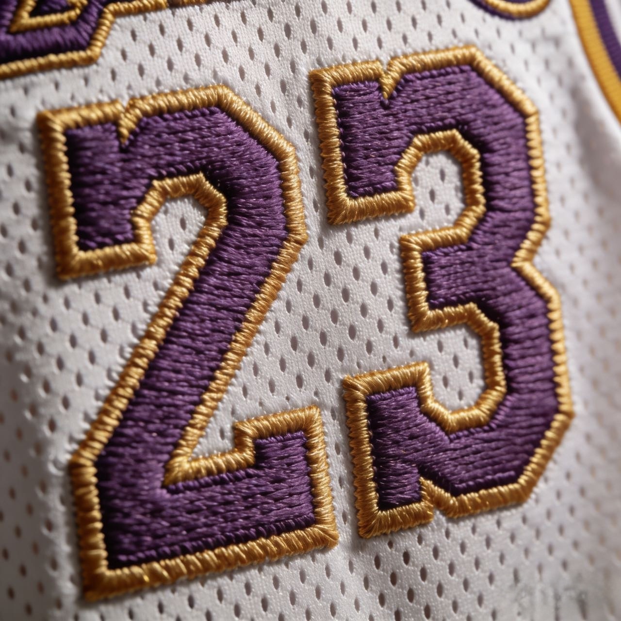  Macro close up of stitched tackle twill on a LeBron James Lakers jersey