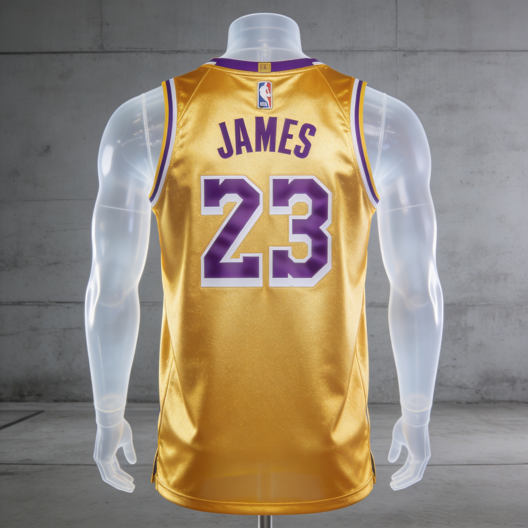 Stitched gold LeBron James Los Angeles Lakers jersey front and back view.