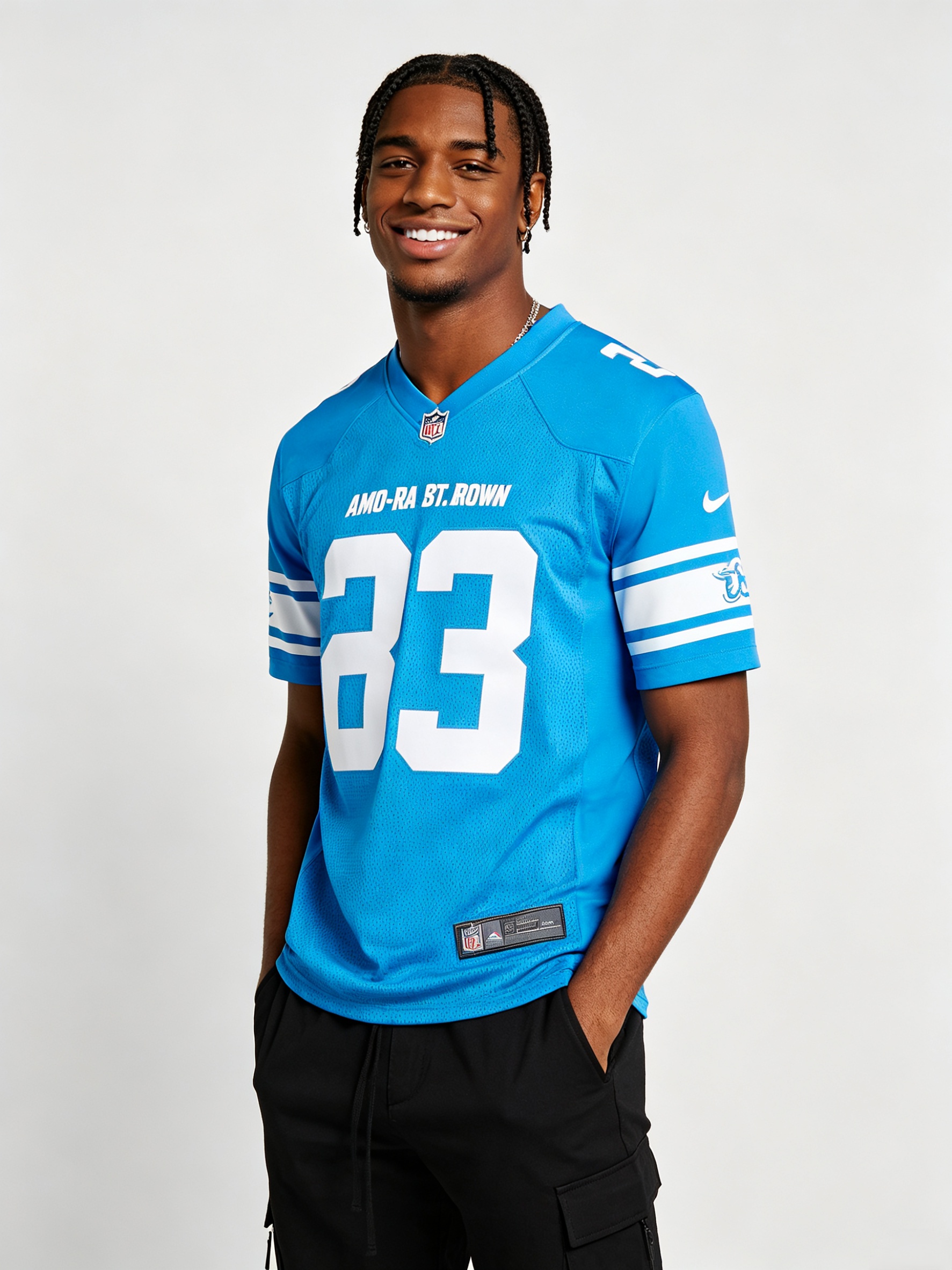 Fan wearing a perfectly fitted Amon-Ra St. Brown jersey