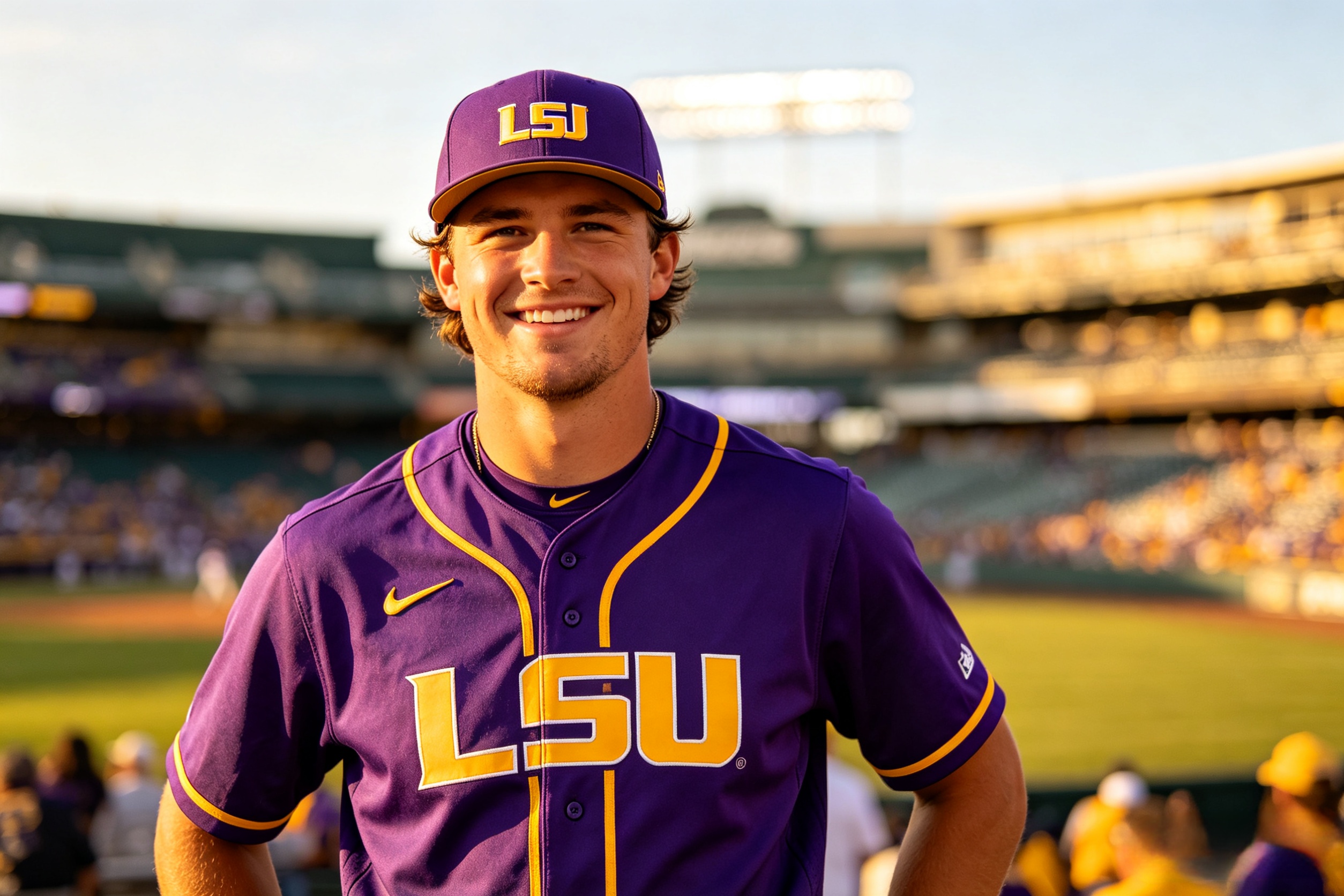 A fan wearing a purple and gold LSU baseball jersey at a game