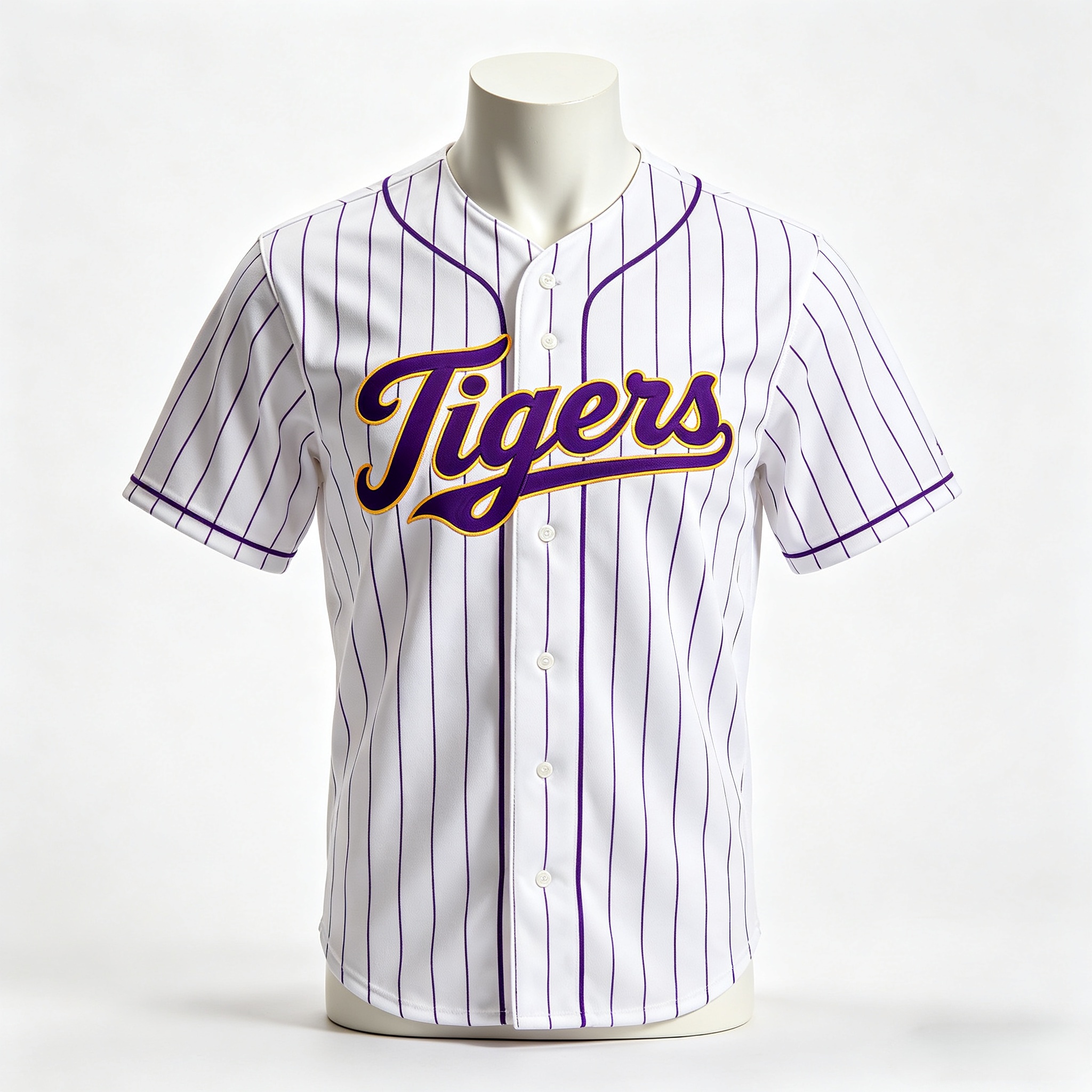 Official style LSU white pinstripe baseball jersey with Tigers script