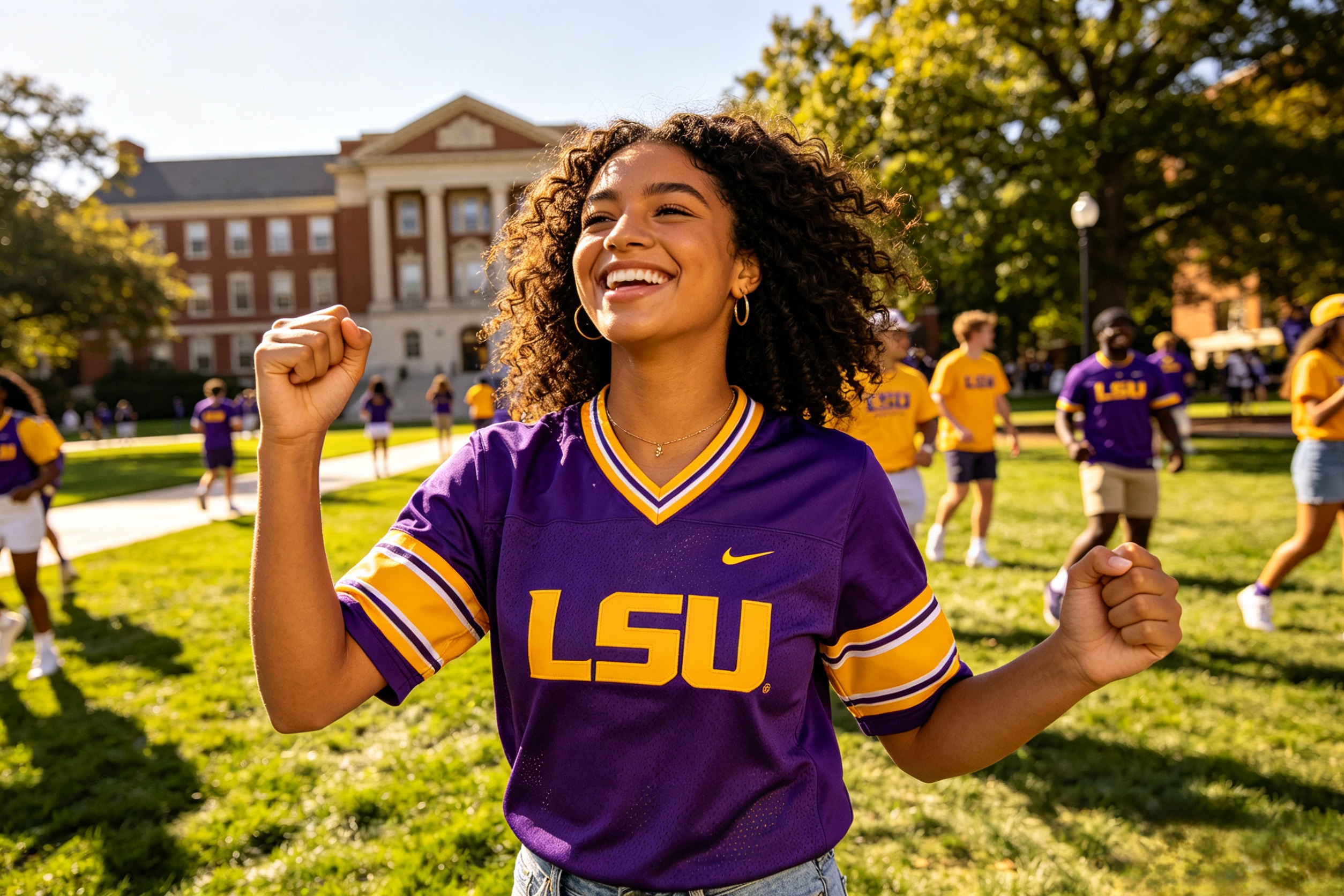 Student wearing a high-quality LSU Tigers football jersey on campus