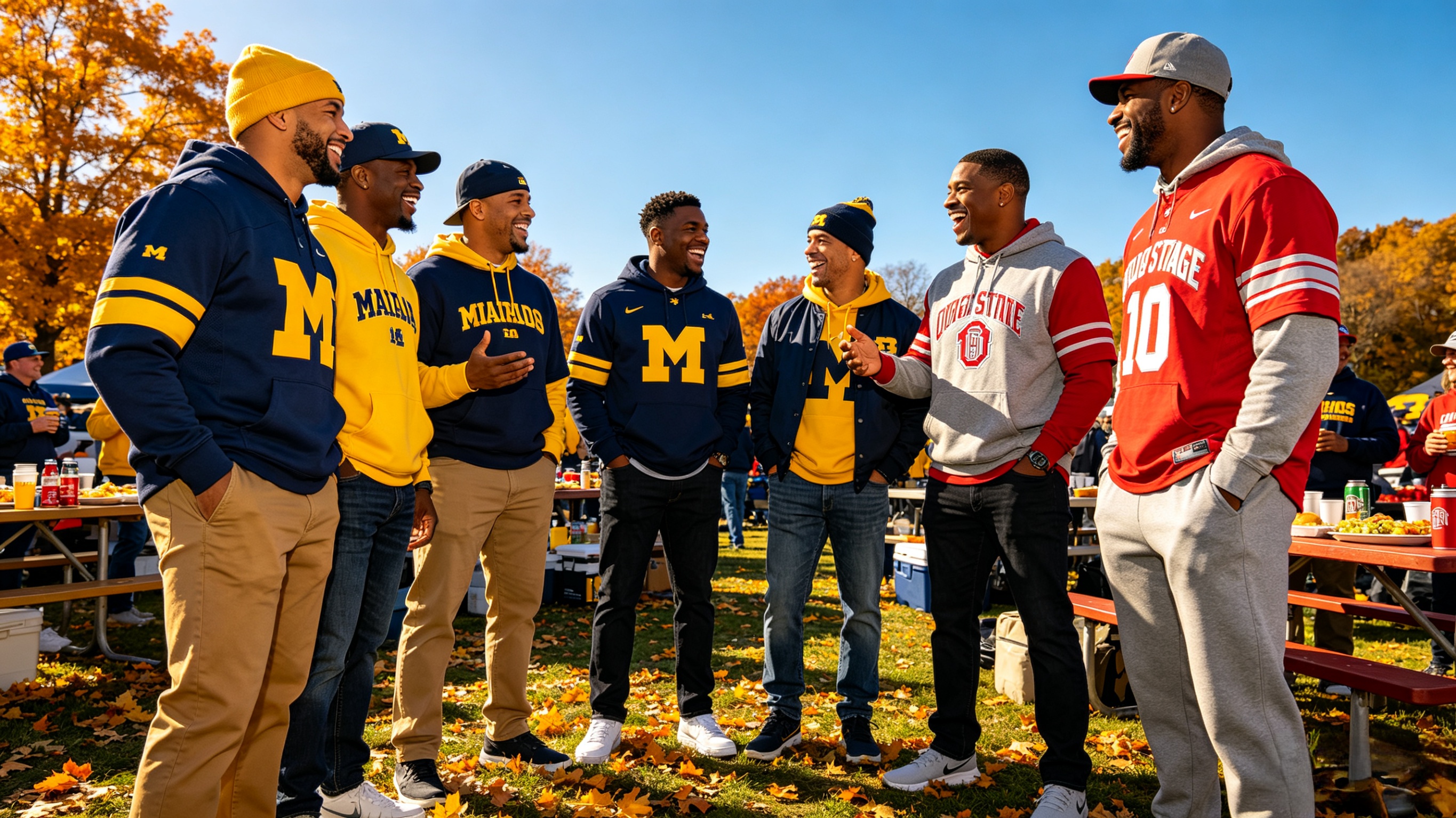 Fans wearing Michigan and Ohio State jerseys at a pre-game tailgate