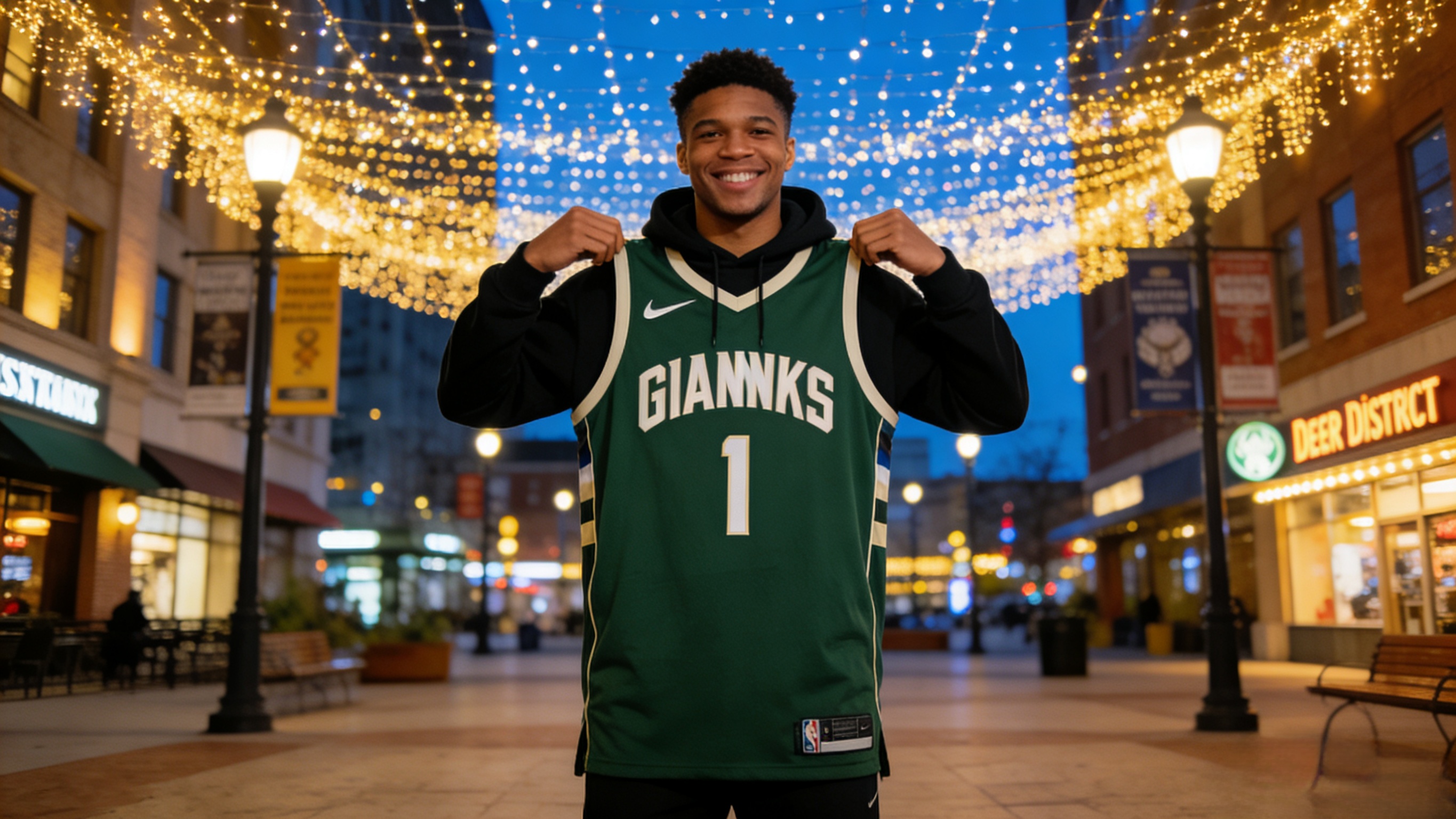 A happy fan wearing a Giannis Antetokounmpo jersey in Milwaukee.