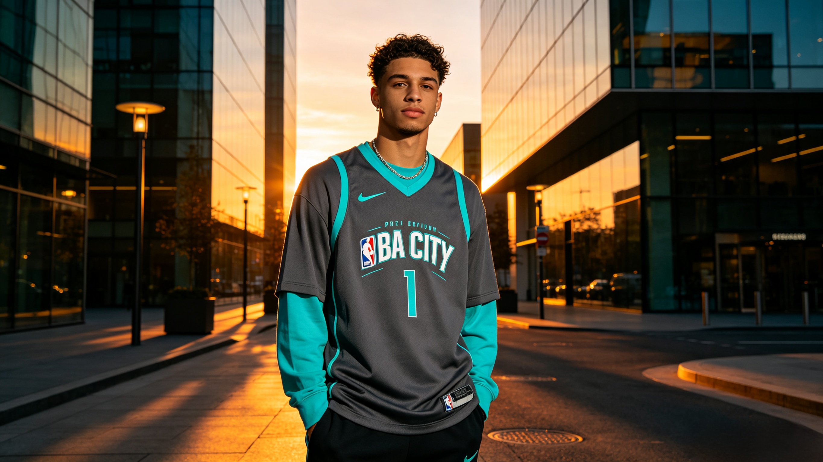 Man wearing a stylish NBA City Edition jersey in a city setting