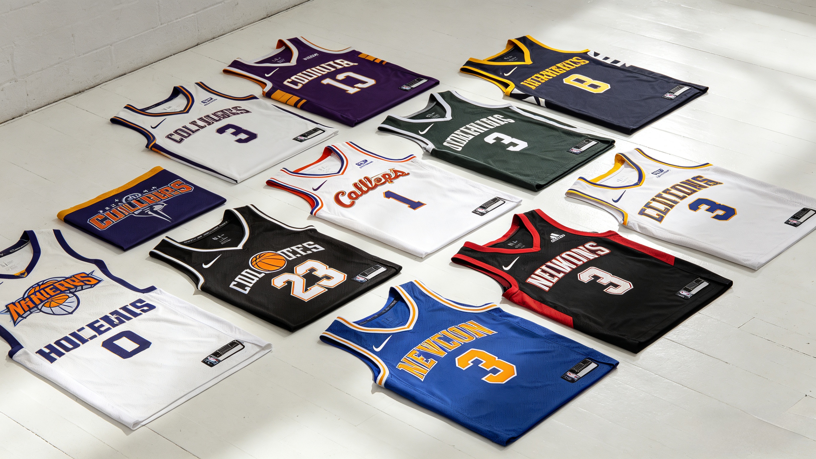 A collection of high-quality college basketball jerseys on a white floor