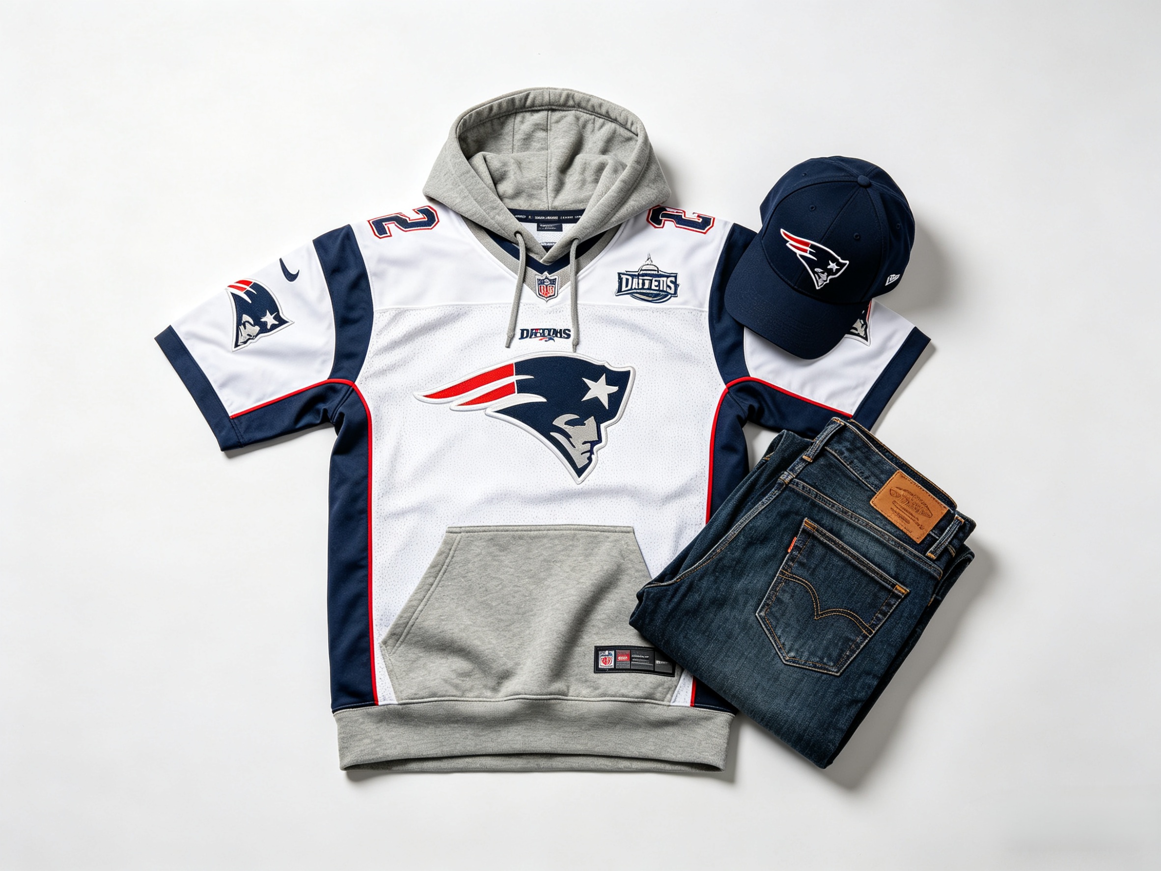 Full gameday outfit with stitched NFL jersey and hoodie layering