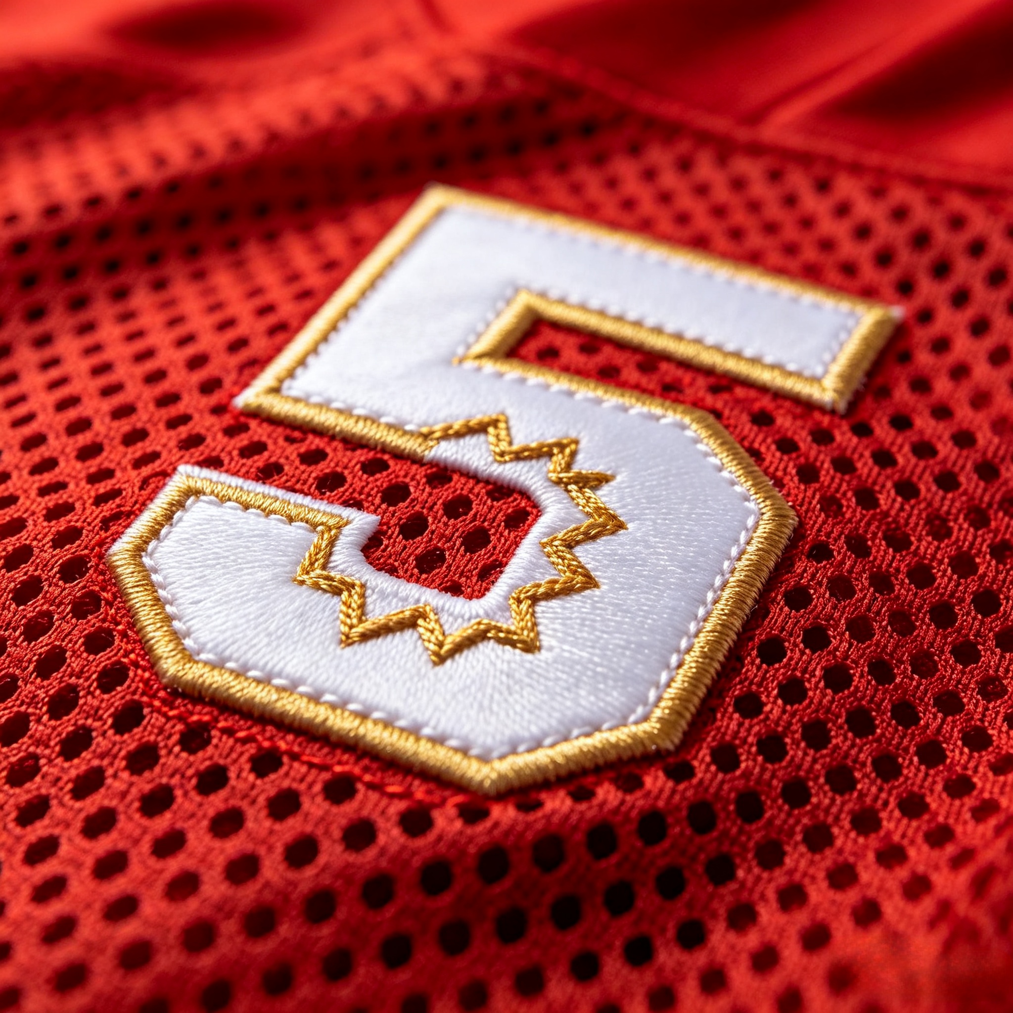  Macro close up of stitched tackle twill numbers on a Patrick Mahomes jersey.