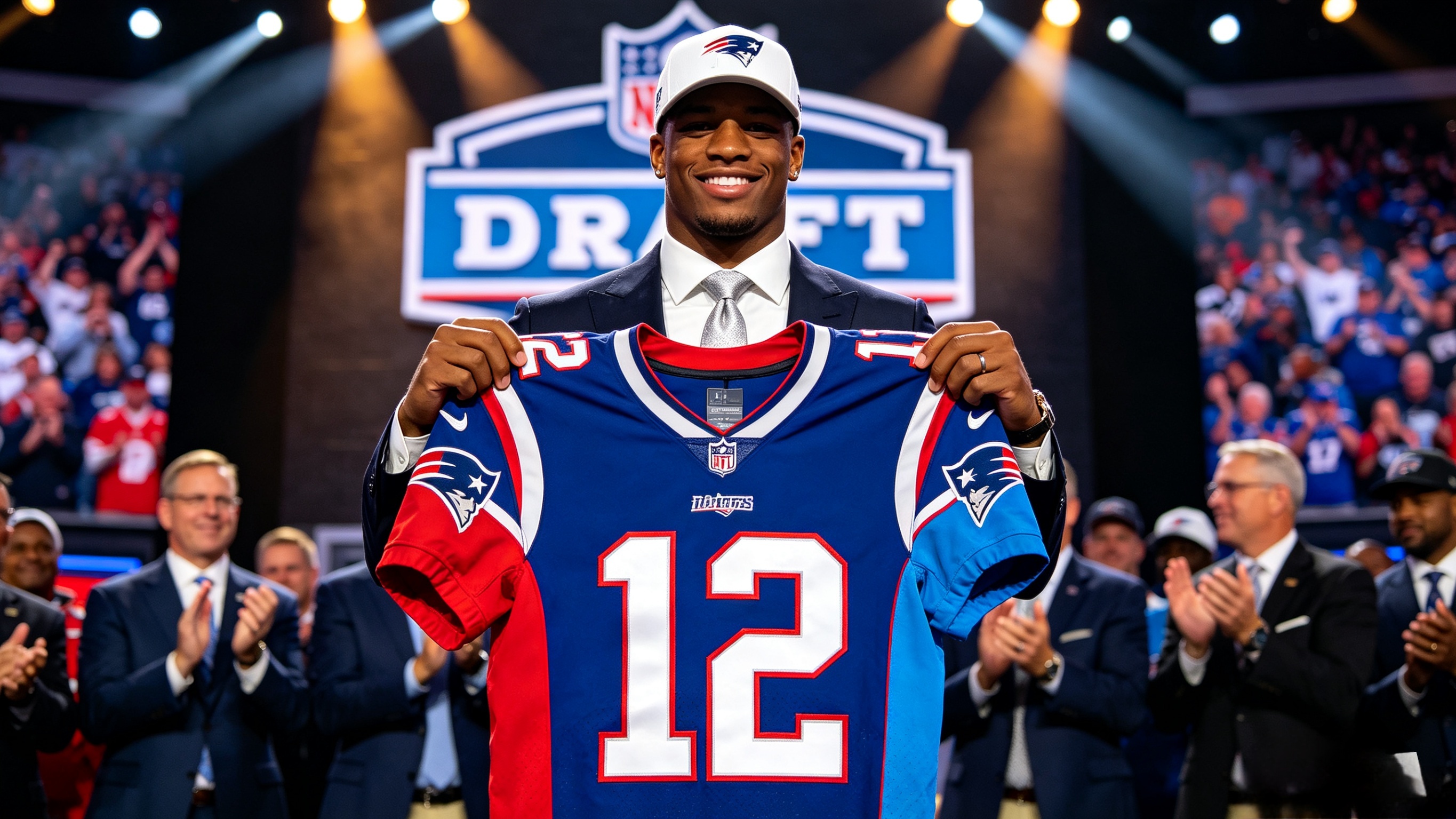 NFL rookie holding up a new team jersey on draft day