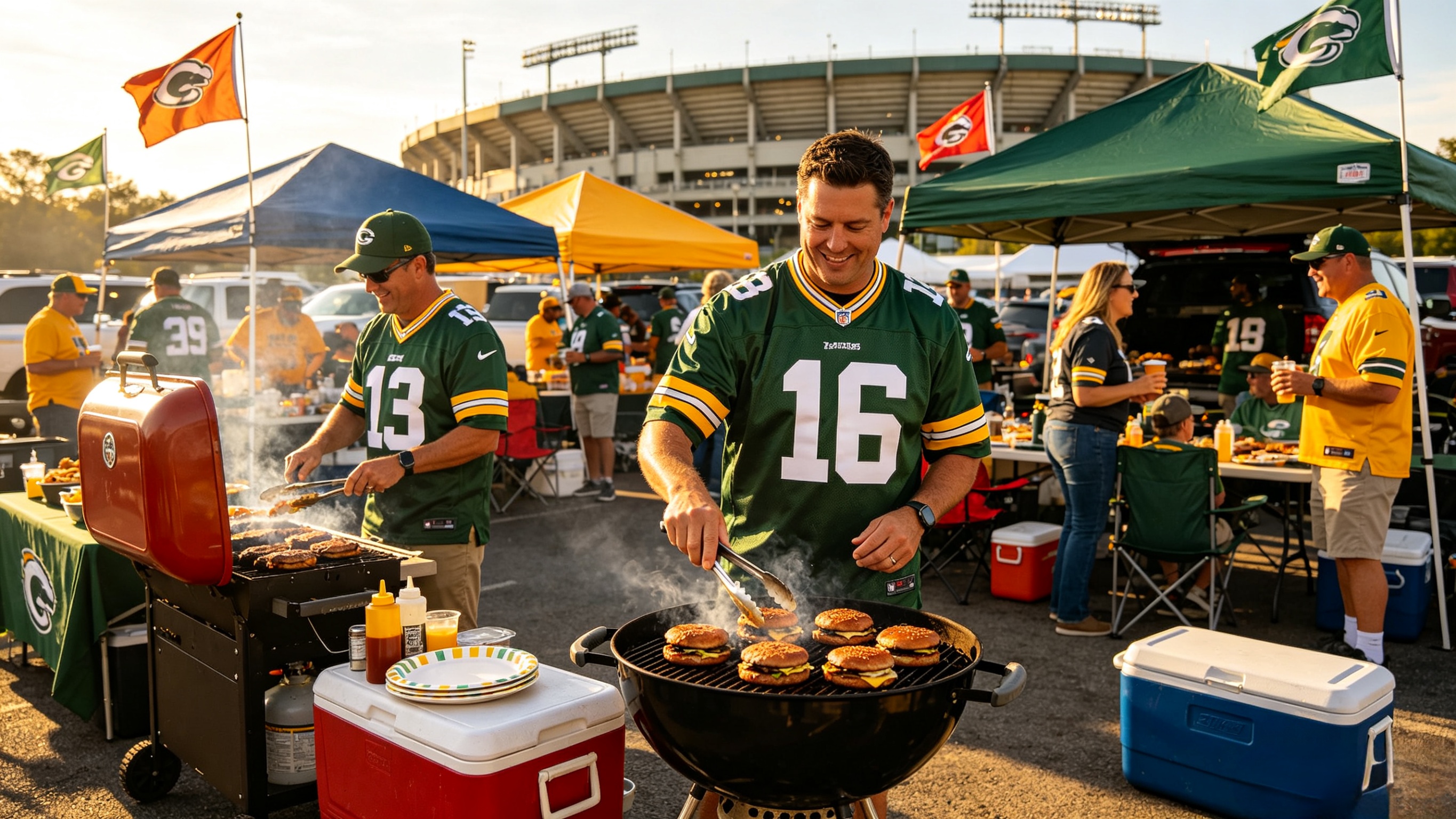 Excited fans wearing stitched NFL jerseys at a stadium tailgate party