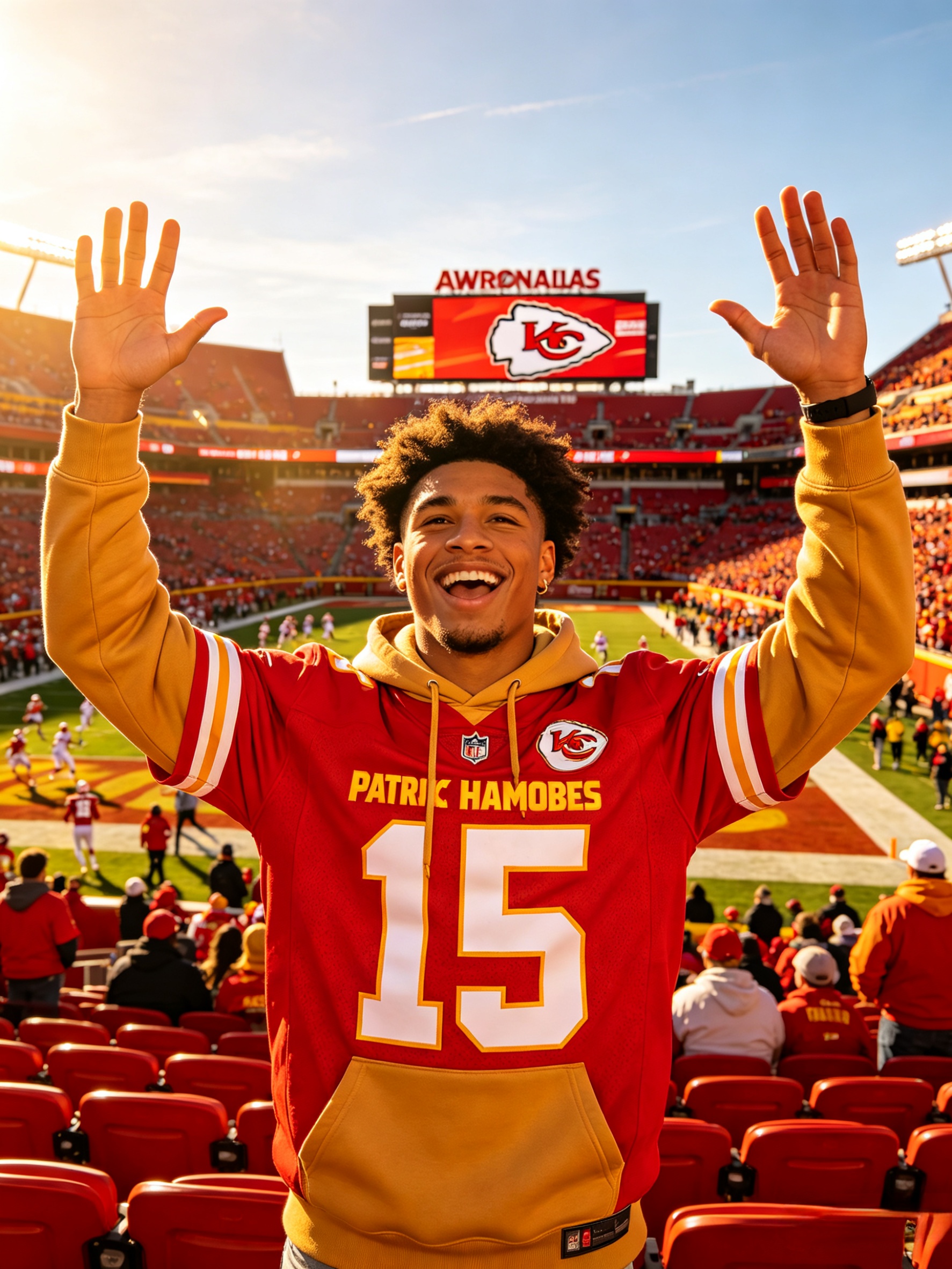 A happy fan wearing a Patrick Mahomes jersey at a stadium.