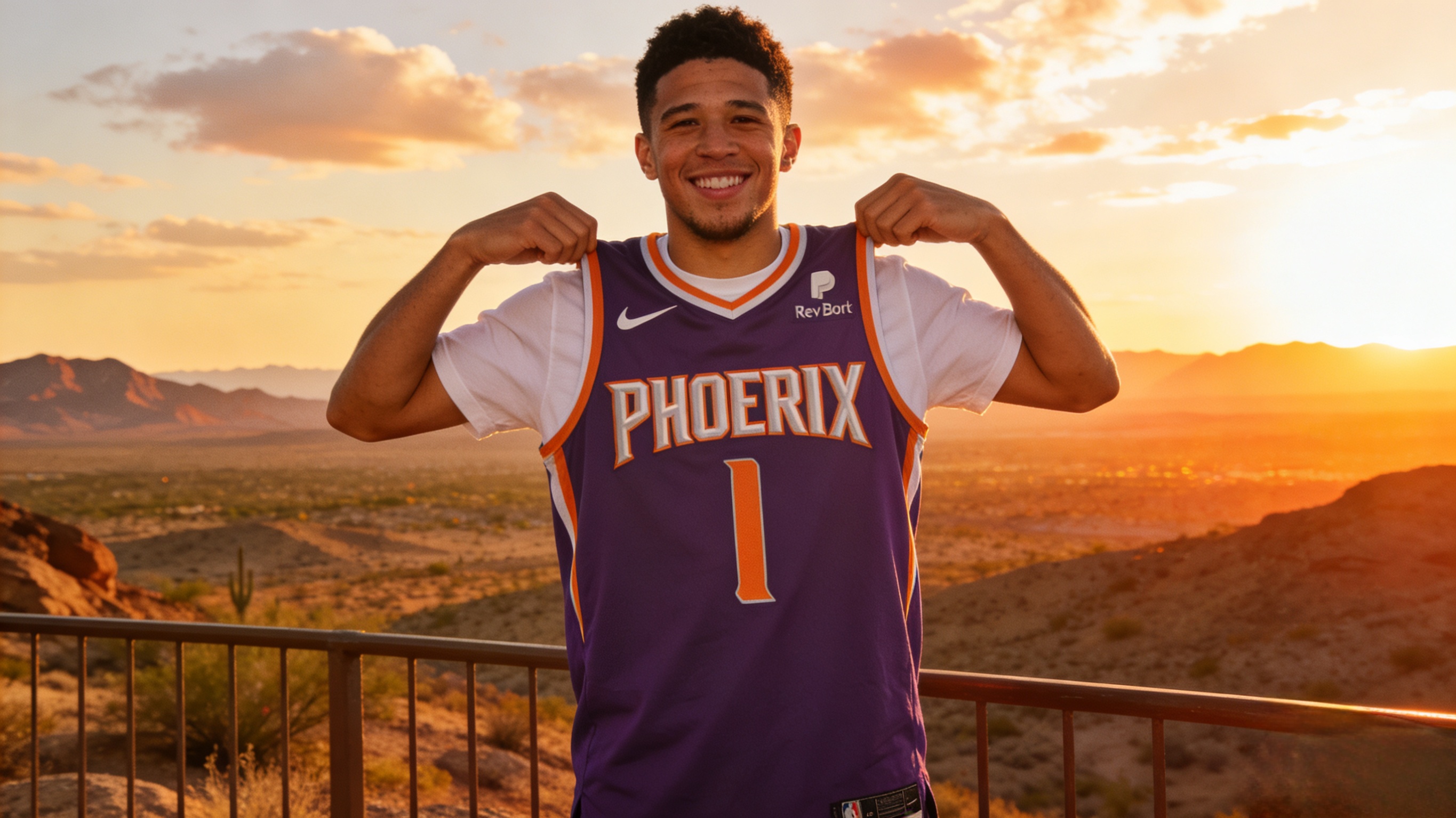 A happy fan wearing a Kevin Durant jersey in Phoenix.