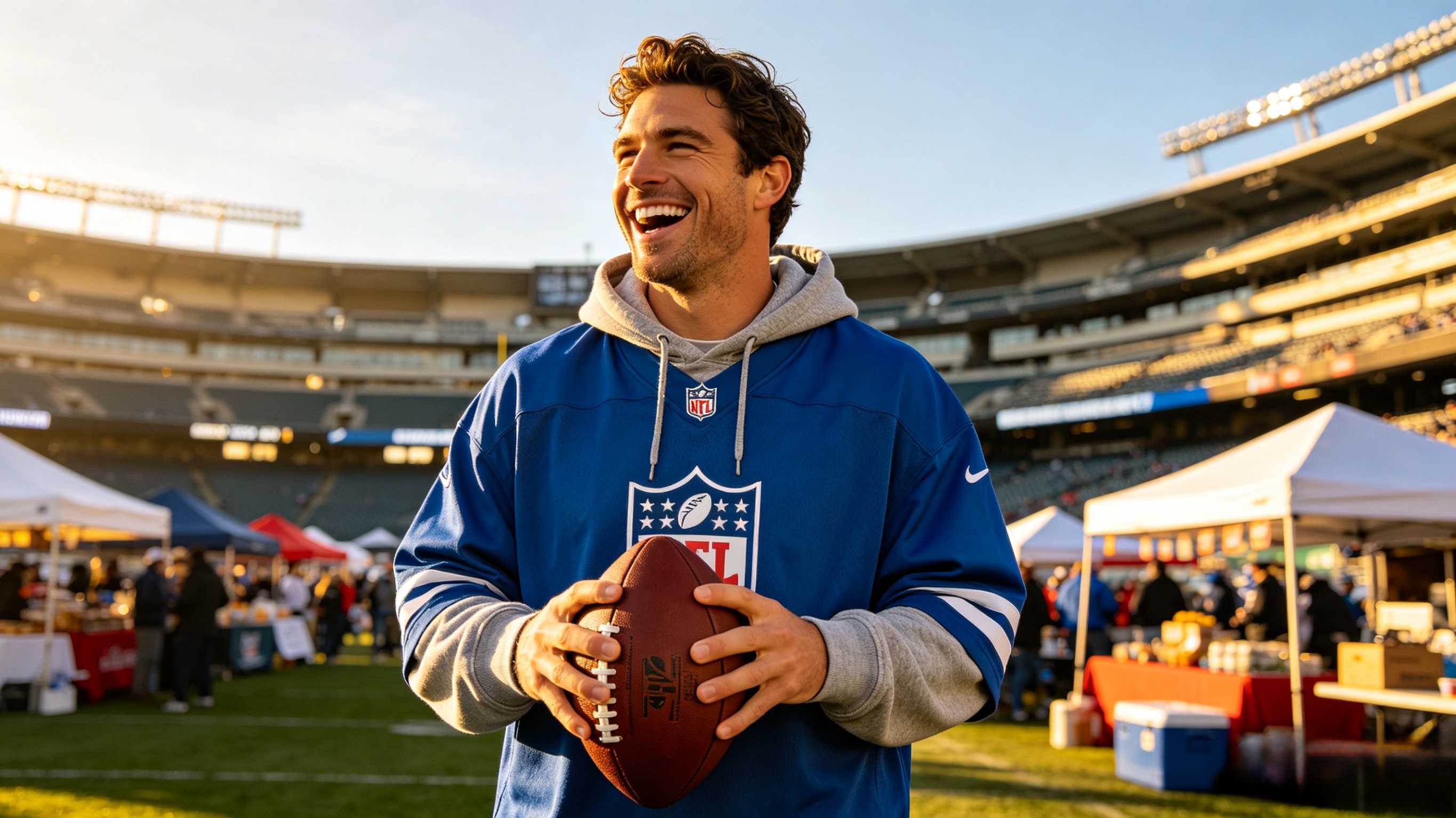 A fan wearing a relaxed fit quarterback style jersey over a hoodie