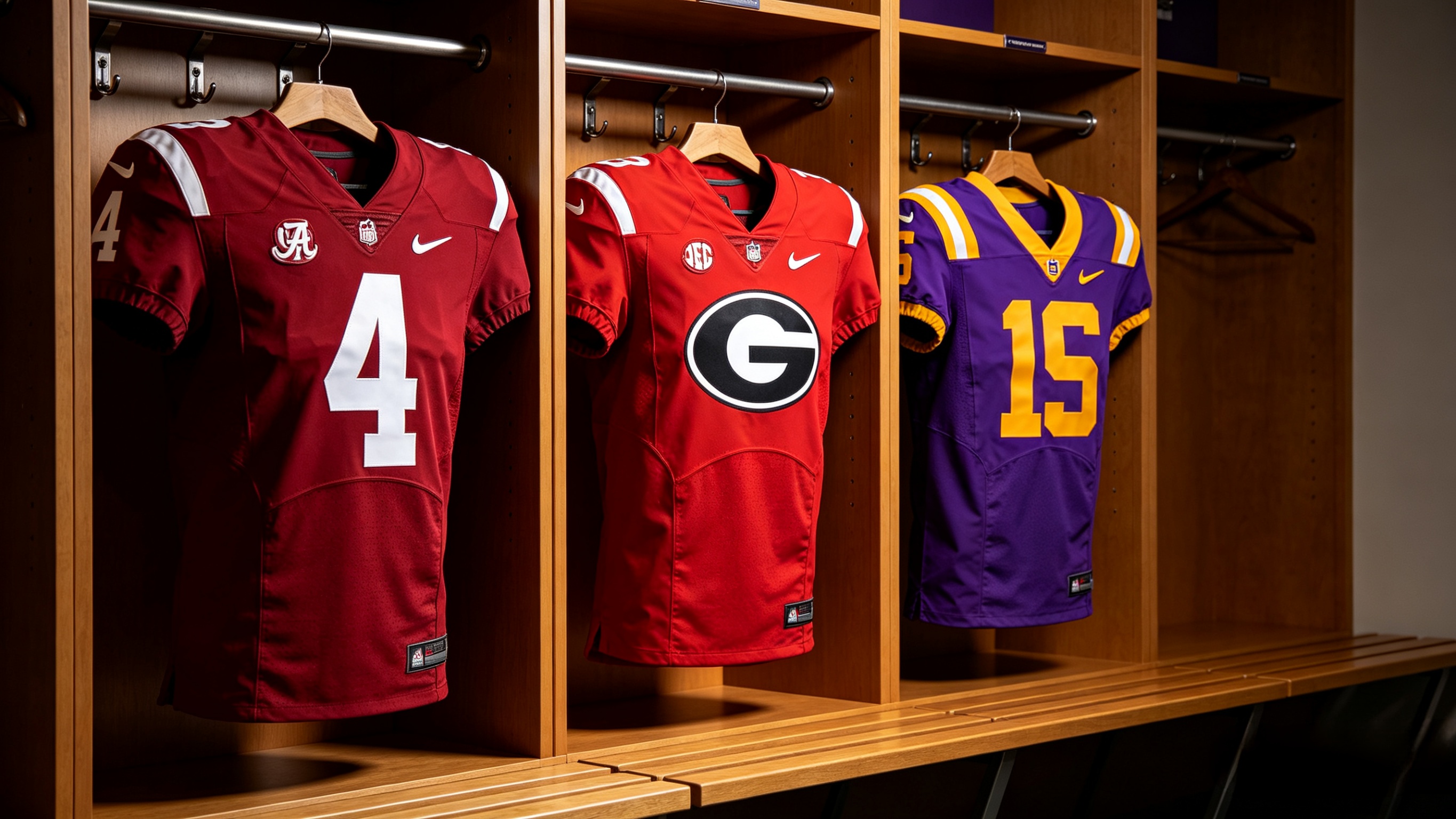 Collection of iconic SEC football jerseys from Alabama, Georgia, and LSU