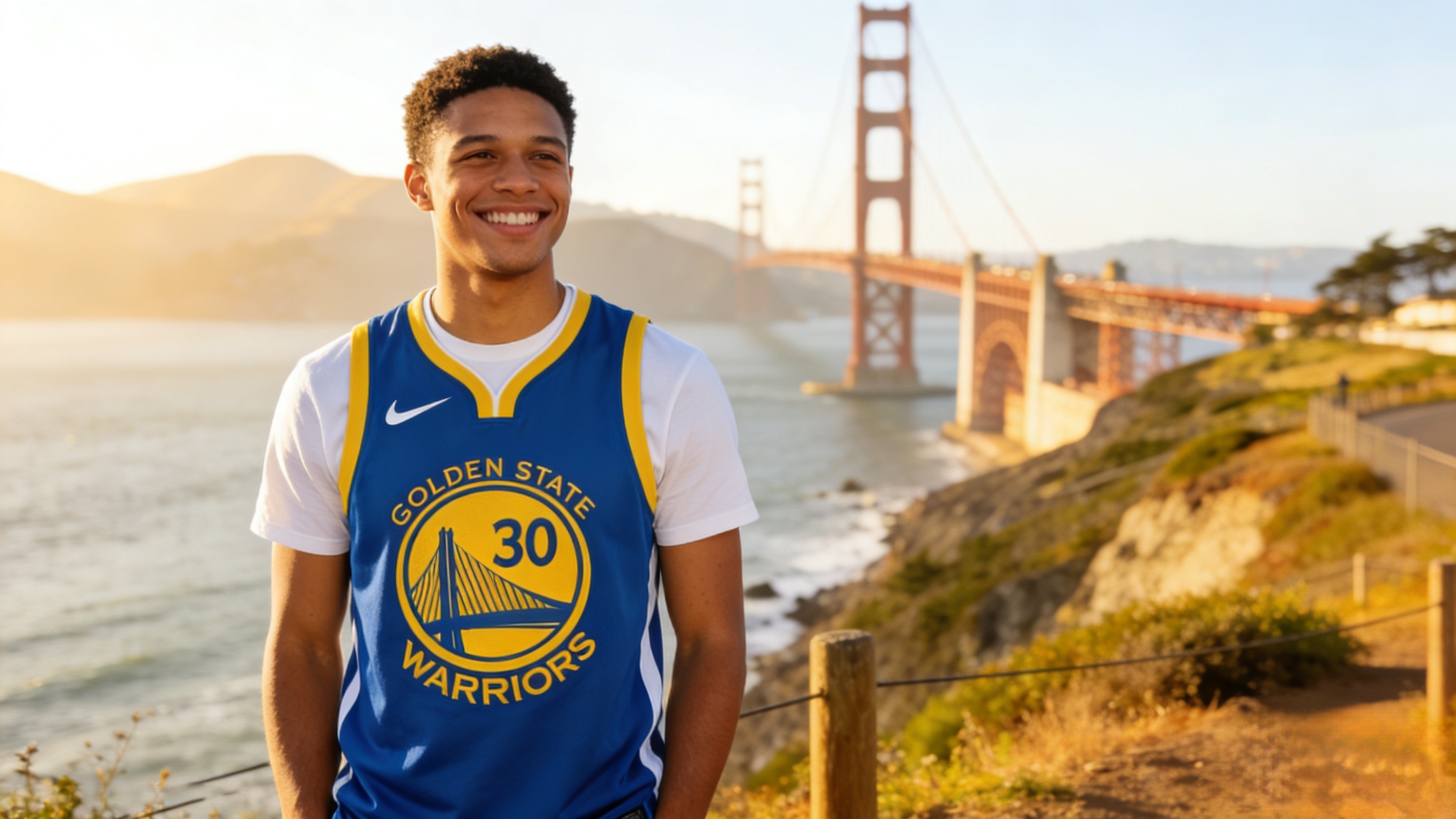 A happy fan wearing a Steph Curry jersey in San Francisco.