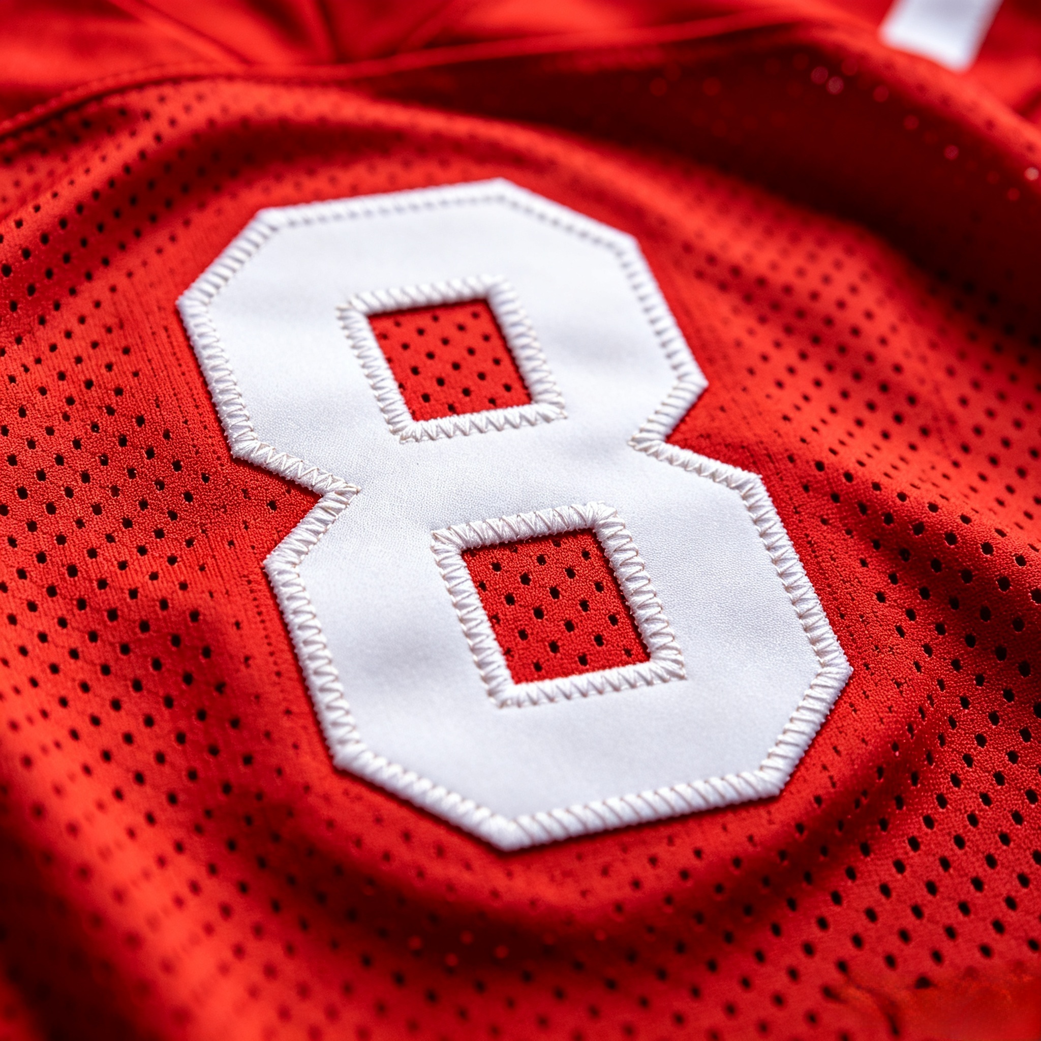 Close-up of premium white stitching on a crimson Alabama jersey