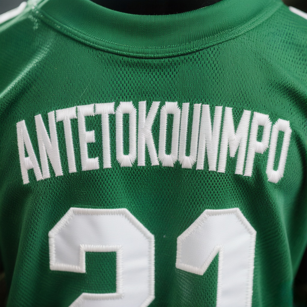 Detailed close-up of the stitched Antetokounmpo nameplate on a jersey