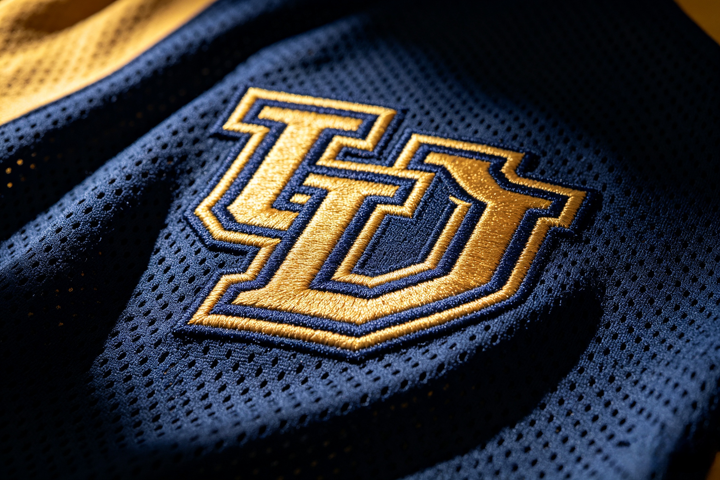 Detailed close-up of premium gold embroidery on a stitched college jersey