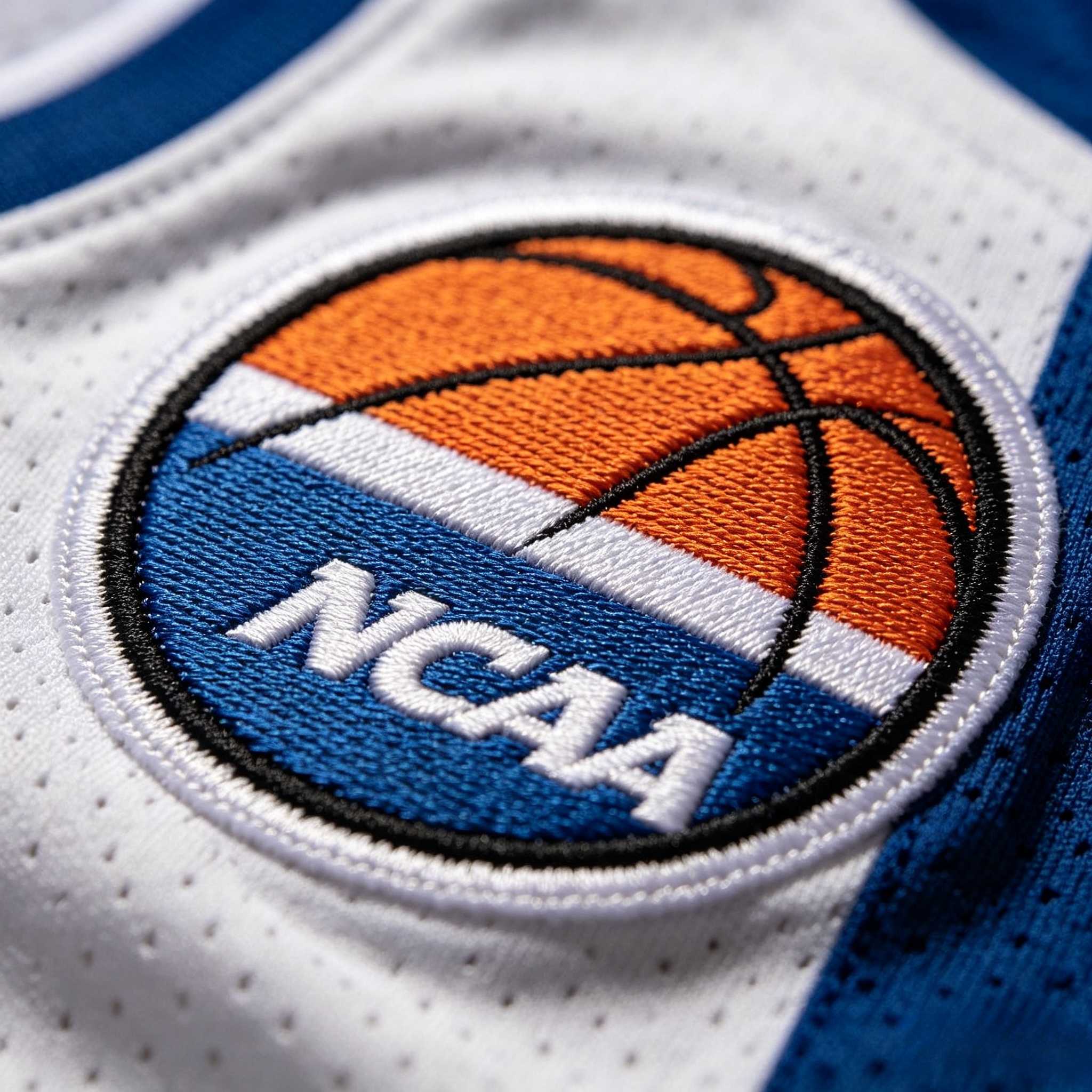 Detailed close-up of premium stitching on an NCAA basketball jersey logo