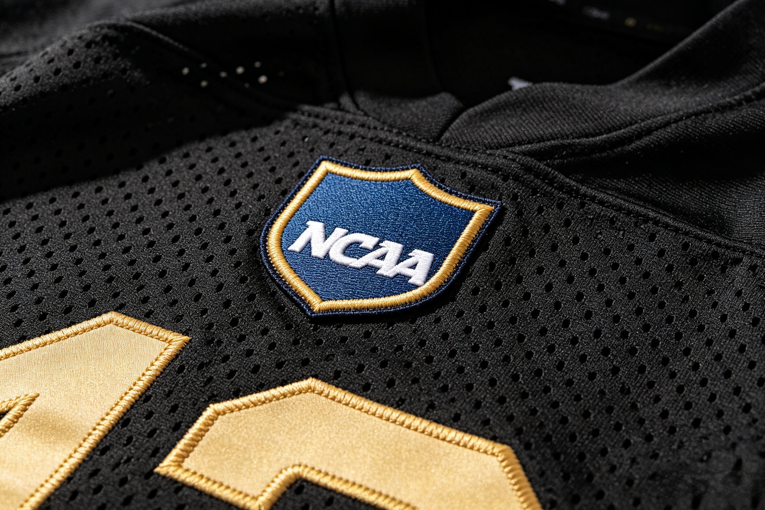 Close-up of premium embroidery on a stitched college jersey